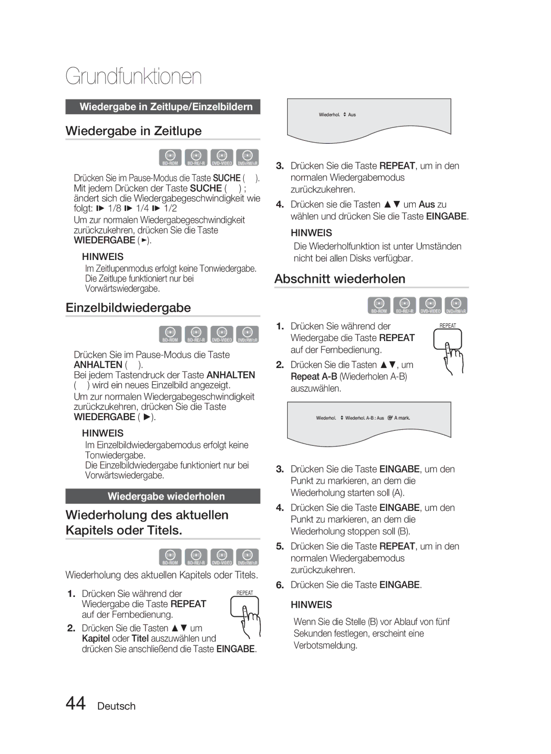 Samsung HT-C6800/XEF manual Wiedergabe in Zeitlupe, Einzelbildwiedergabe, Wiederholung des aktuellen Kapitels oder Titels 