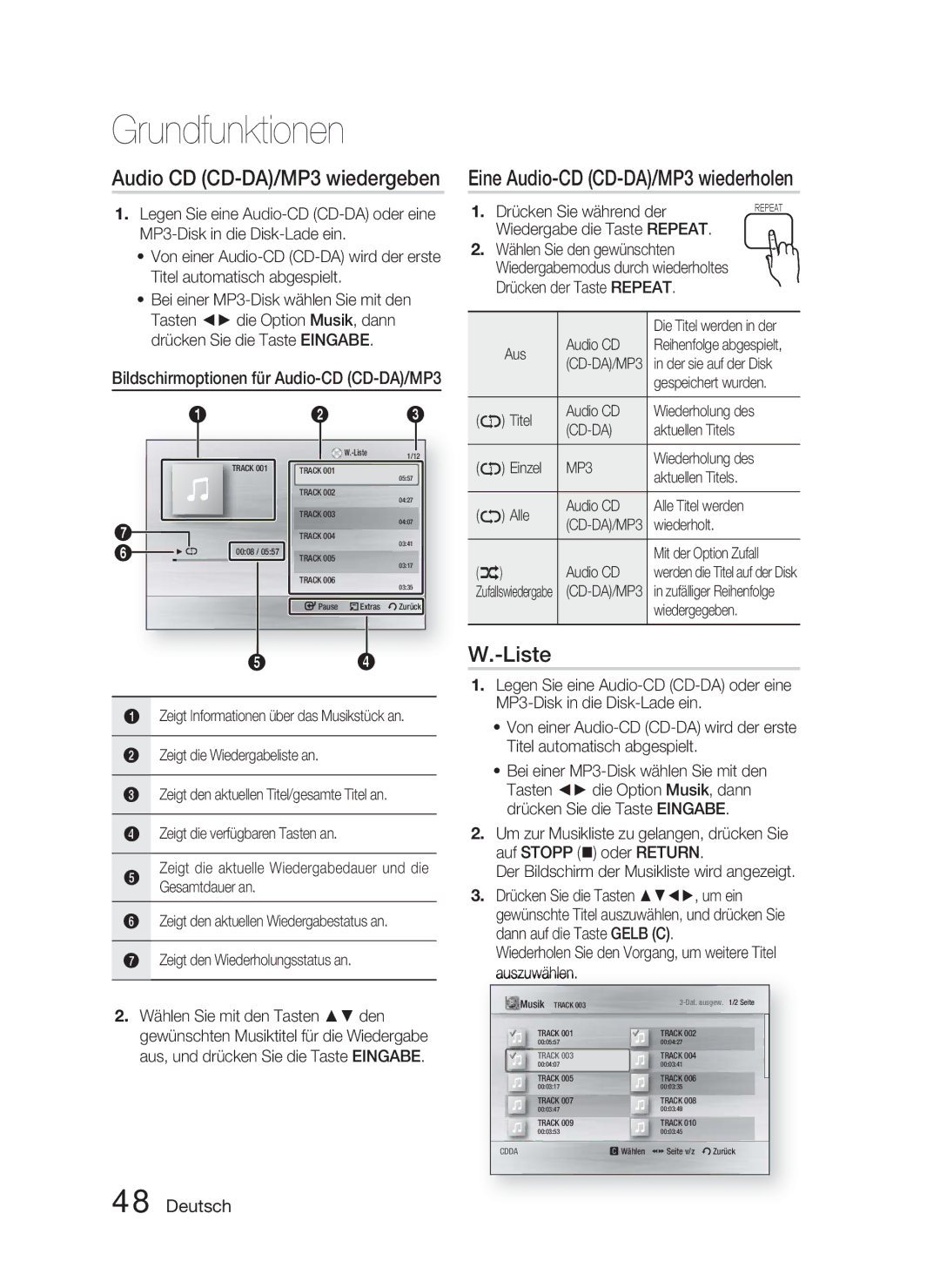 Samsung HT-C6800/EDC, HT-C6800/XEN, HT-C6800/XEF manual Eine Audio-CD CD-DA/MP3 wiederholen, Liste 