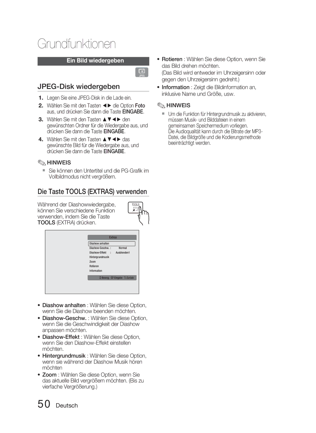 Samsung HT-C6800/XEF, HT-C6800/EDC manual JPEG-Disk wiedergeben, Die Taste Tools Extras verwenden, Ein Bild wiedergeben 