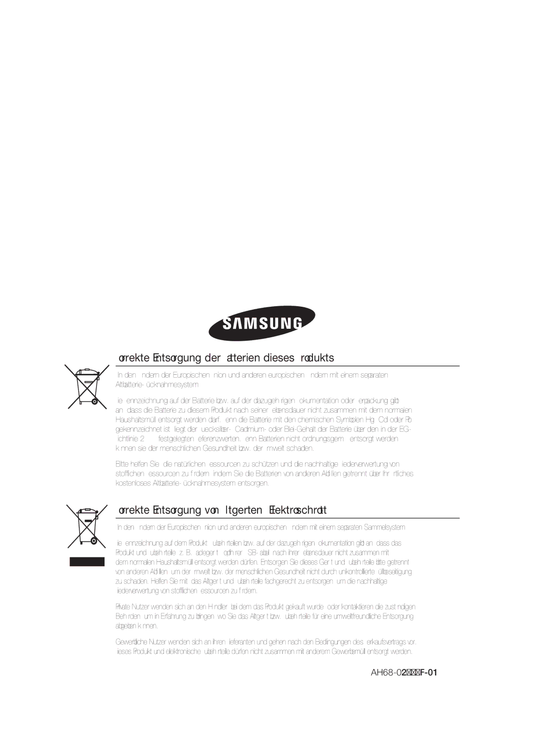 Samsung HT-C6800/EDC Korrekte Entsorgung der Batterien dieses Produkts, Korrekte Entsorgung von Altgeräten Elektroschrott 