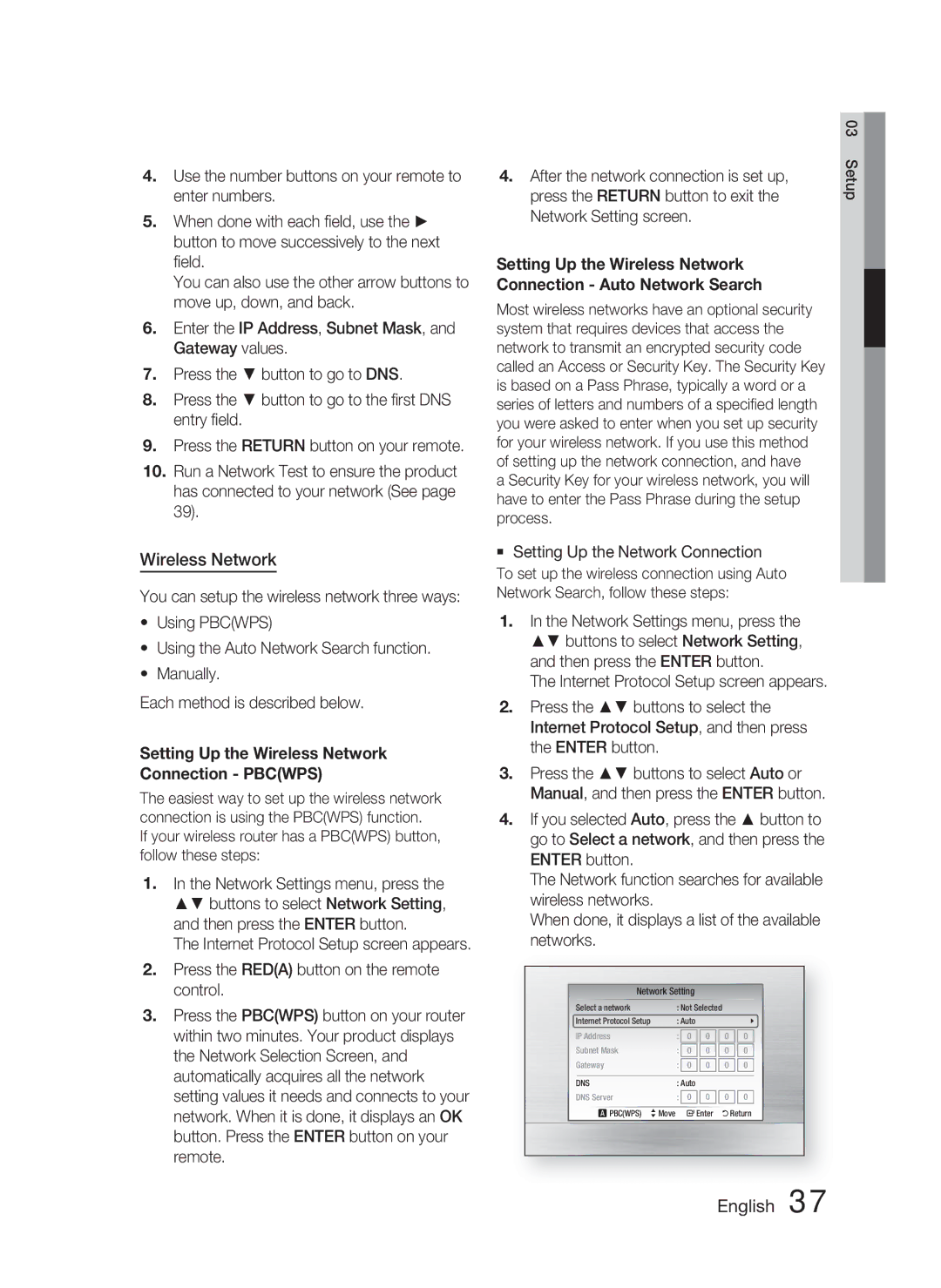 Samsung HT-C6800/XEN, HT-C6800/EDC, HT-C6800/XEF manual Setting Up the Wireless Network Connection Pbcwps 