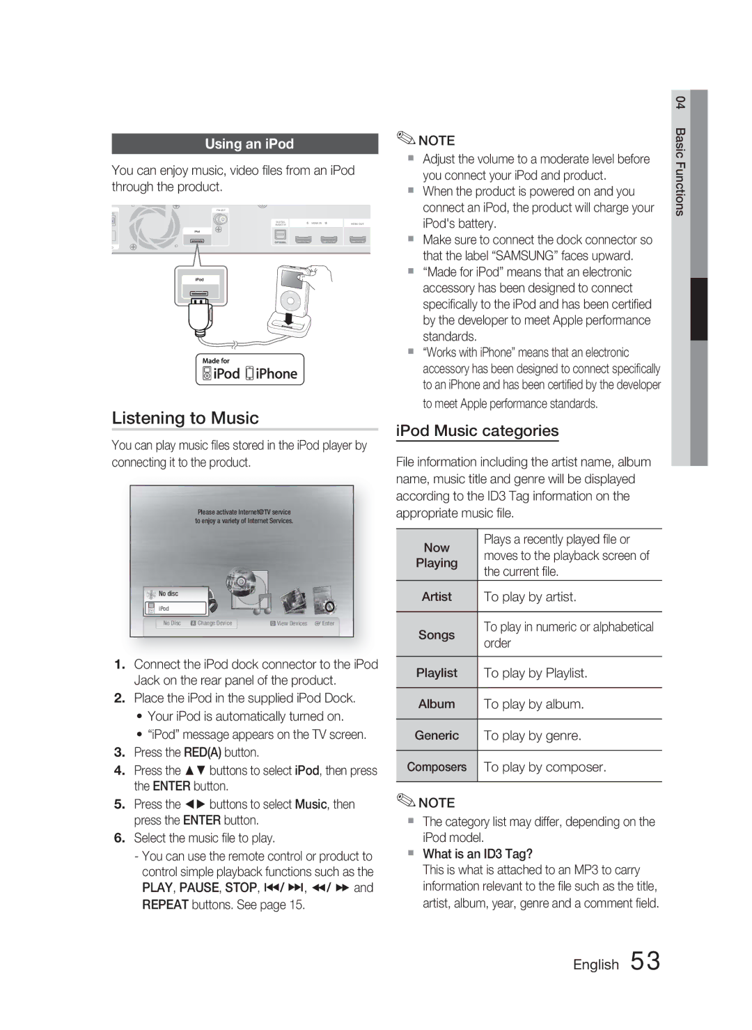 Samsung HT-C6800/XEF, HT-C6800/EDC, HT-C6800/XEN manual Listening to Music, IPod Music categories, Using an iPod, Now 