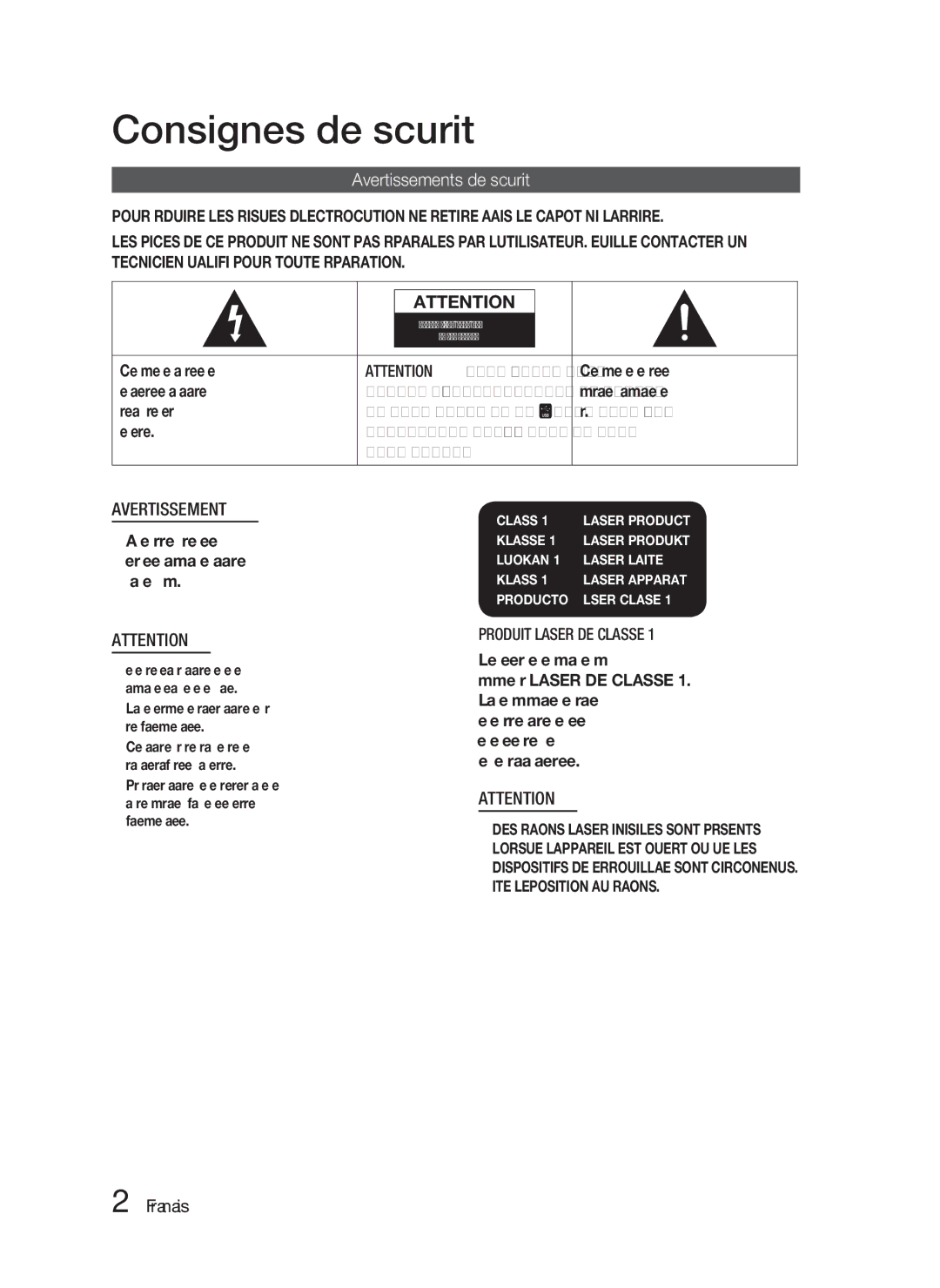 Samsung HT-C6800/XEF Consignes de sécurité, Avertissements de sécurité, Français, Plus Large, Produit Laser DE Classe 