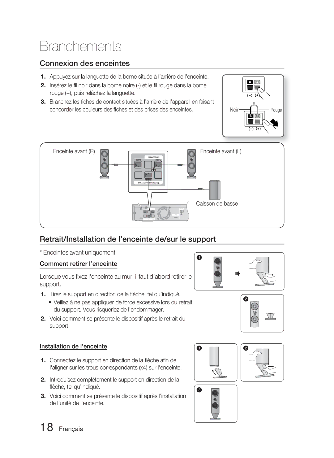 Samsung HT-C6800/EDC manual Connexion des enceintes, Retrait/Installation de l’enceinte de/sur le support, Enceinte avant R 