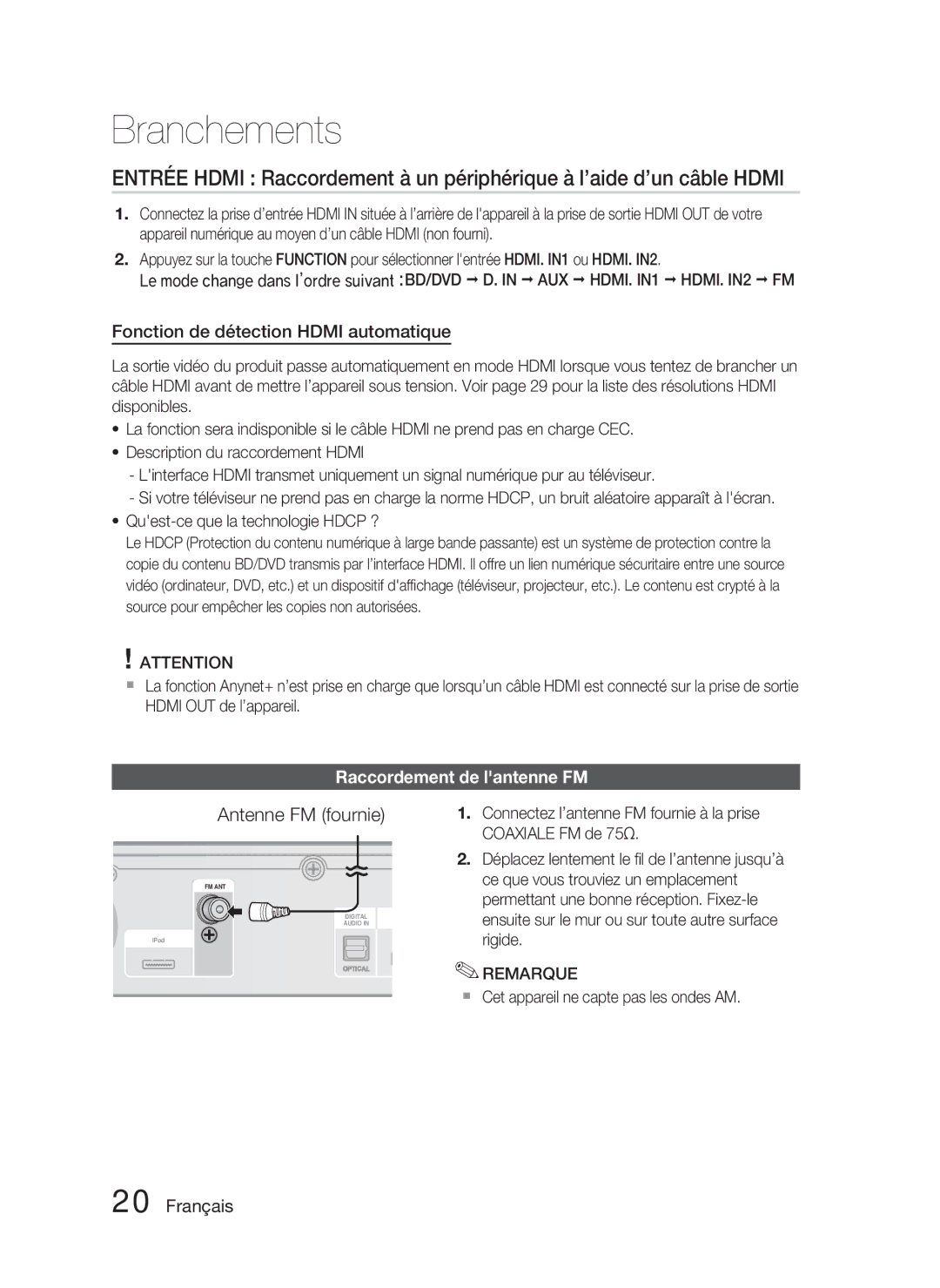 Samsung HT-C6800/XEF, HT-C6800/EDC Antenne FM fournie, Fonction de détection Hdmi automatique, Raccordement de lantenne FM 