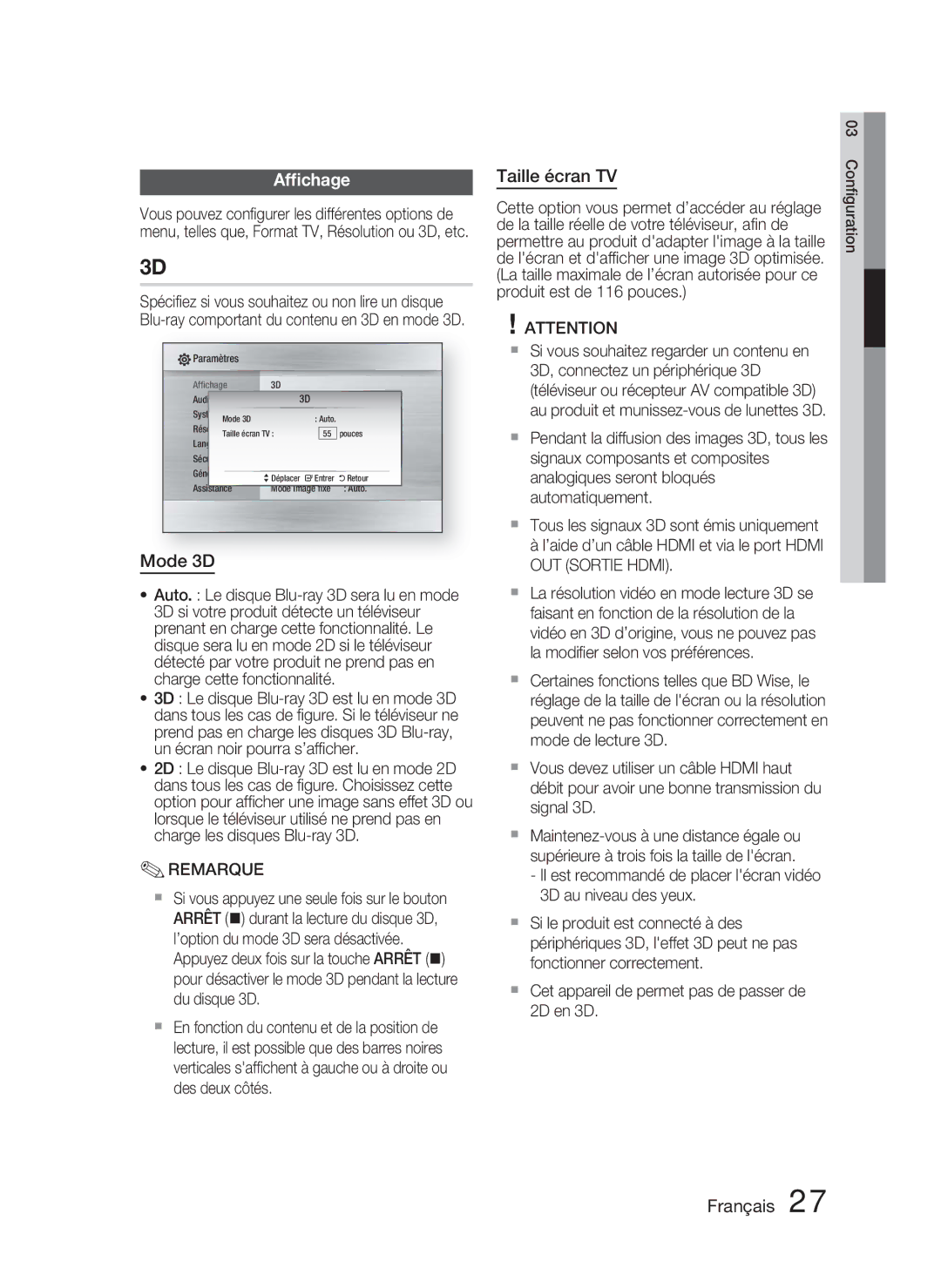 Samsung HT-C6800/EDC, HT-C6800/XEN, HT-C6800/XEF manual Afﬁchage, Mode 3D, Taille écran TV 