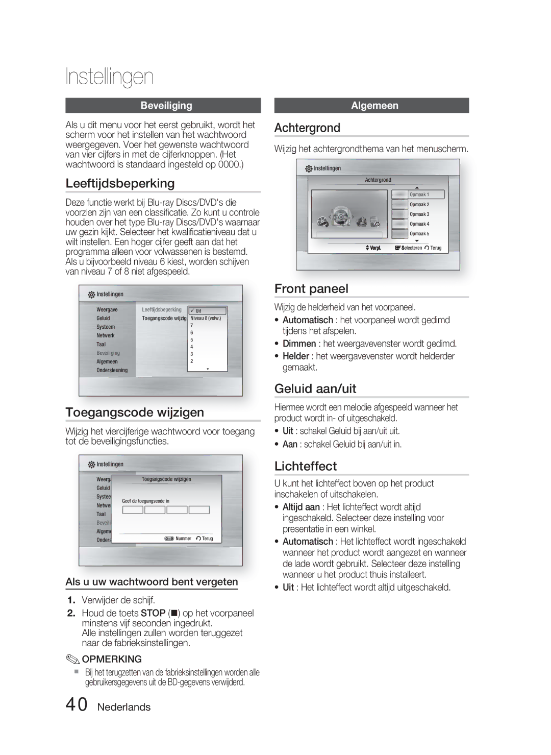 Samsung HT-C6800/XEN Leeftijdsbeperking, Achtergrond, Front paneel, Toegangscode wijzigen, Geluid aan/uit, Lichteffect 