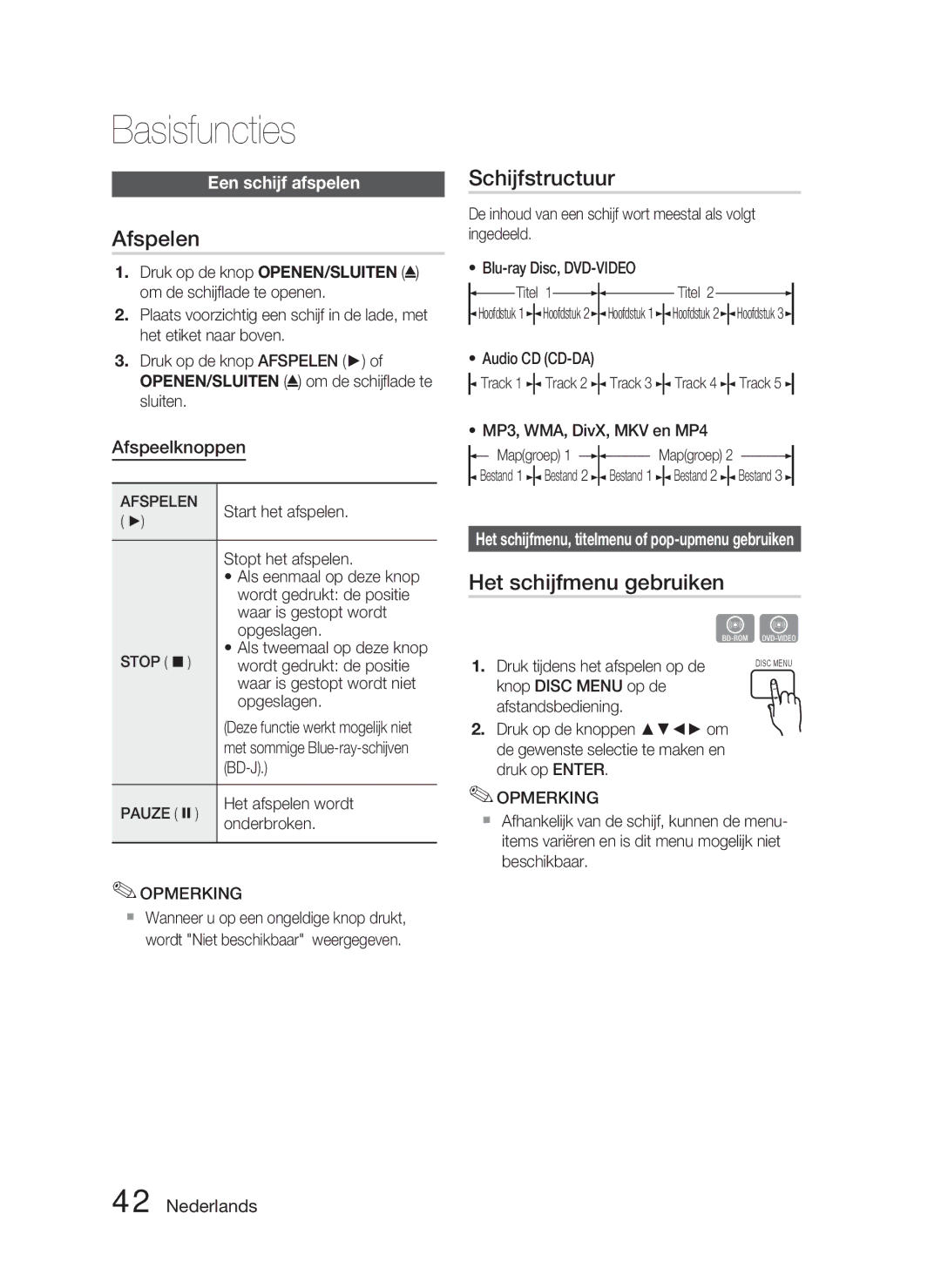 Samsung HT-C6800/EDC, HT-C6800/XEN Basisfuncties, Afspelen, Schijfstructuur, Het schijfmenu gebruiken, Een schijf afspelen 