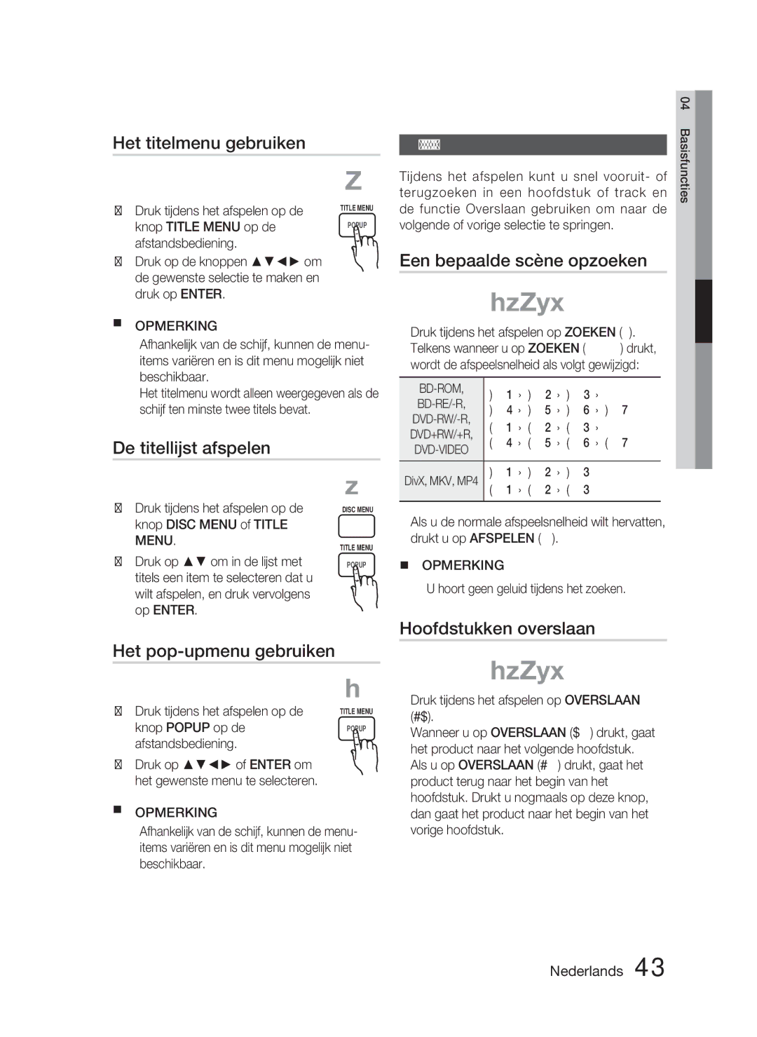 Samsung HT-C6800/XEN, HT-C6800/EDC, HT-C6800/XEF De titellijst afspelen, Hoofdstukken overslaan, Het pop-upmenu gebruiken 