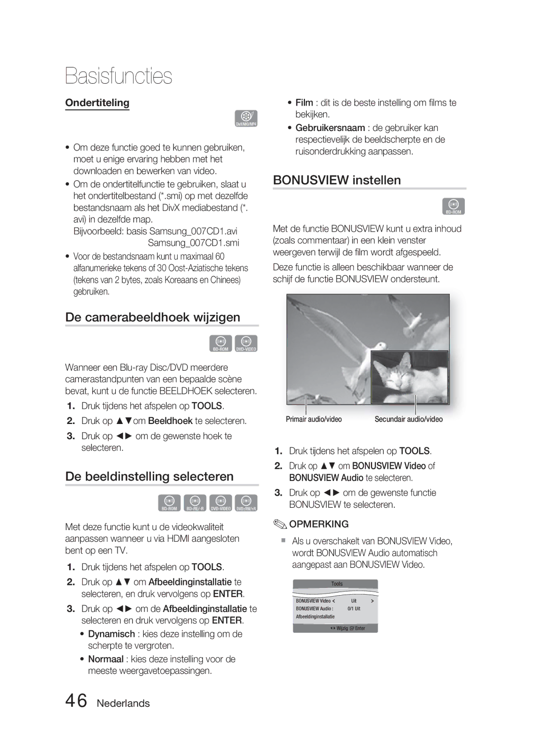 Samsung HT-C6800/XEN De camerabeeldhoek wijzigen, De beeldinstelling selecteren, Bonusview instellen, Avi in dezelfde map 