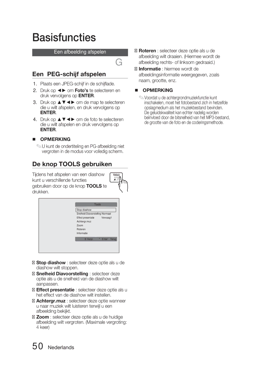 Samsung HT-C6800/XEF manual Een JPEG-schijf afspelen, De knop Tools gebruiken, Een afbeelding afspelen, Enter Opmerking 