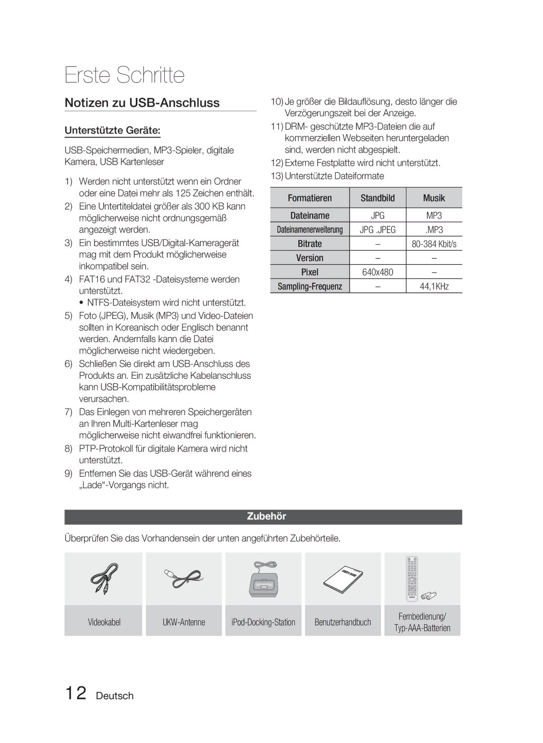 Samsung HT-C6800/EDC, HT-C6800/XEN, HT-C6800/XEF manual Notizen zu USB-Anschluss, Unterstützte Geräte, Zubehör 