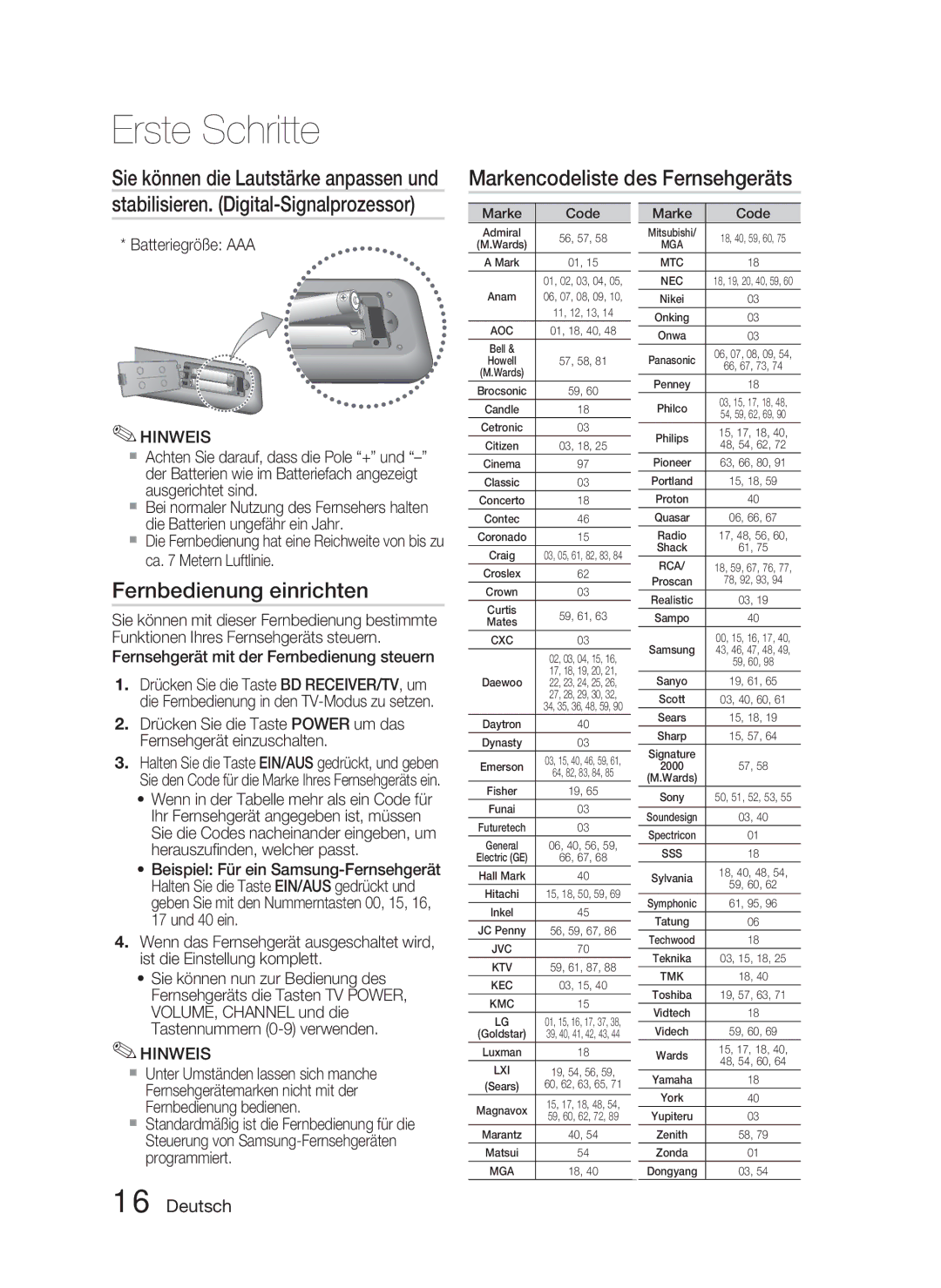 Samsung HT-C6800/XEN Markencodeliste des Fernsehgeräts, Fernbedienung einrichten, Sie können die Lautstärke anpassen und 