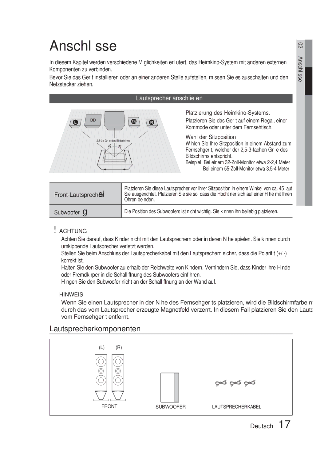 Samsung HT-C6800/XEF, HT-C6800/EDC, HT-C6800/XEN manual Anschlüsse, Lautsprecherkomponenten, Lautsprecher anschließen 