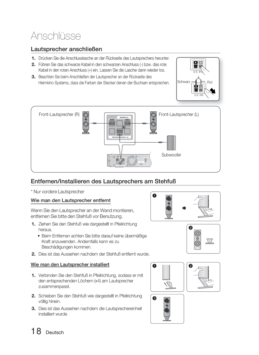 Samsung HT-C6800/EDC Lautsprecher anschließen, Entfernen/Installieren des Lautsprechers am Stehfuß, Front-Lautsprecher R 