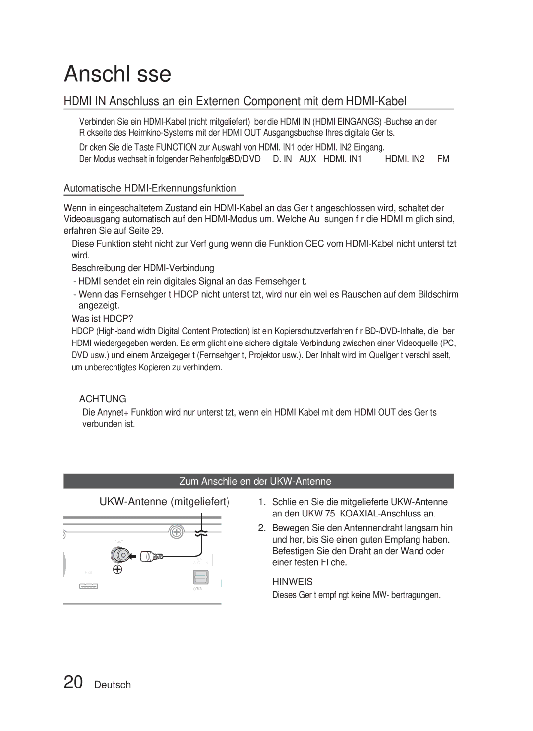 Samsung HT-C6800/XEF manual UKW-Antenne mitgeliefert, Automatische HDMI-Erkennungsfunktion, Zum Anschließen der UKW-Antenne 