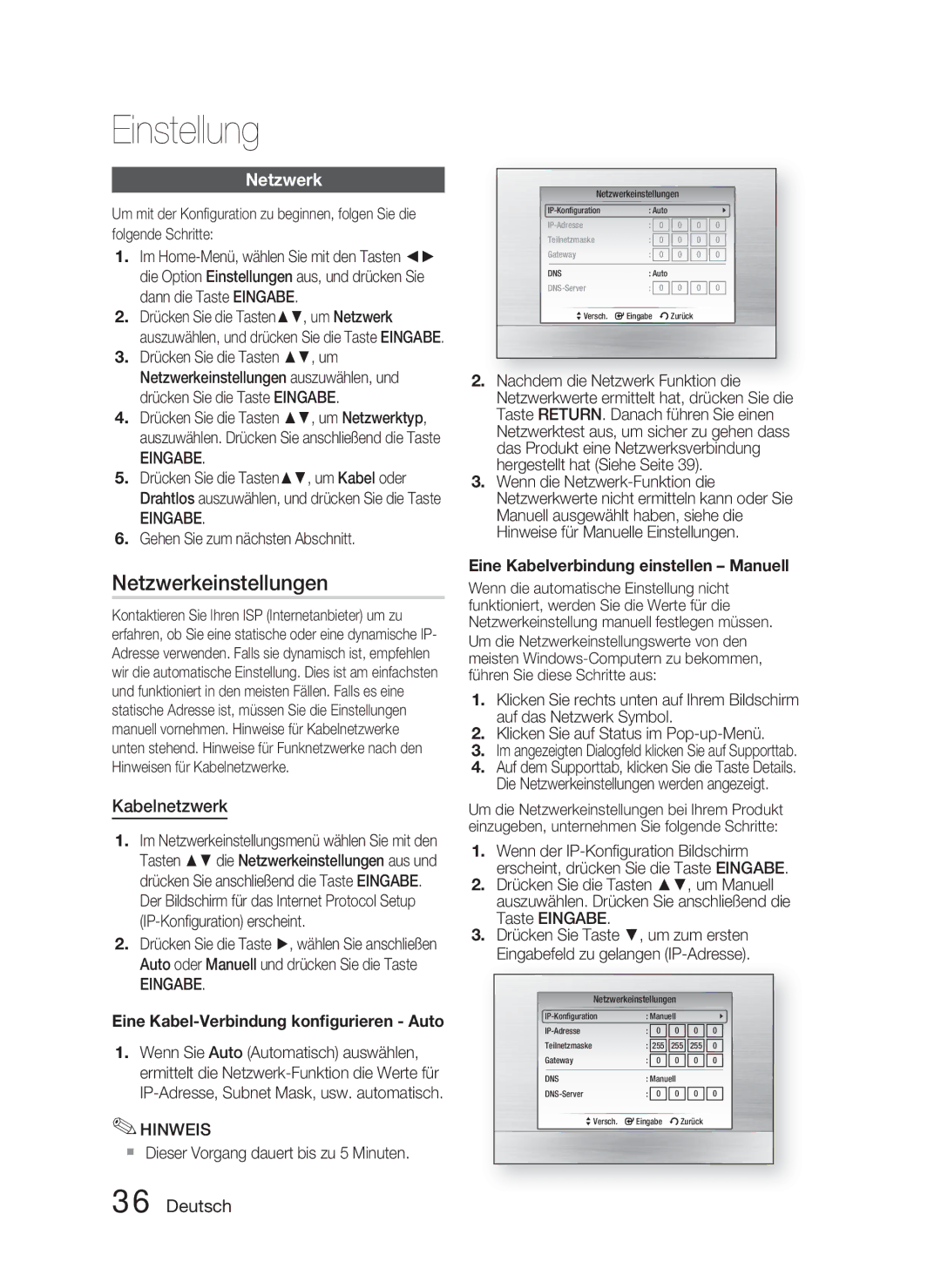 Samsung HT-C6800/EDC, HT-C6800/XEN, HT-C6800/XEF Netzwerkeinstellungen, Kabelnetzwerk, Gehen Sie zum nächsten Abschnitt 