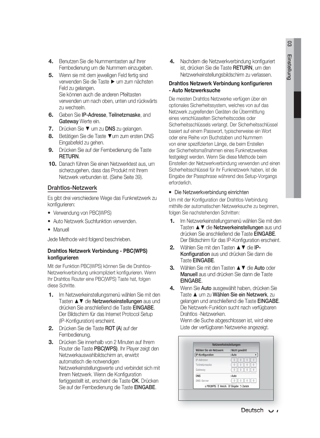 Samsung HT-C6800/XEN, HT-C6800/EDC, HT-C6800/XEF manual Drahtlos-Netzwerk, Return,  Die Netzwerkverbindung einrichten 