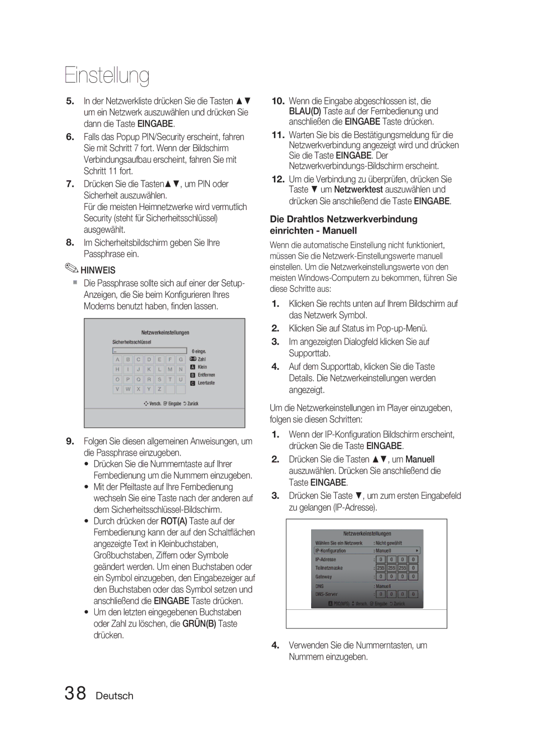 Samsung HT-C6800/XEF, HT-C6800/EDC, HT-C6800/XEN manual Die Drahtlos Netzwerkverbindung einrichten Manuell 