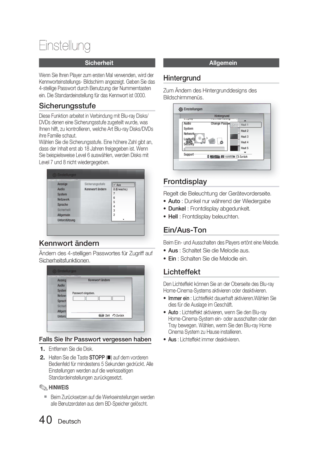 Samsung HT-C6800/XEN, HT-C6800/EDC Sicherungsstufe, Kennwort ändern, Hintergrund, Frontdisplay, Ein/Aus-Ton, Lichteffekt 