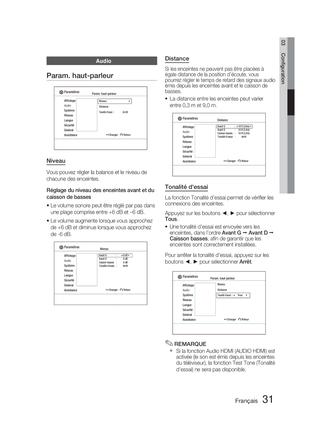 Samsung HT-C6800/XEN, HT-C6800/EDC, HT-C6800/XEF manual Param. haut-parleur, Audio, Niveau, Distance, Tonalité dessai 