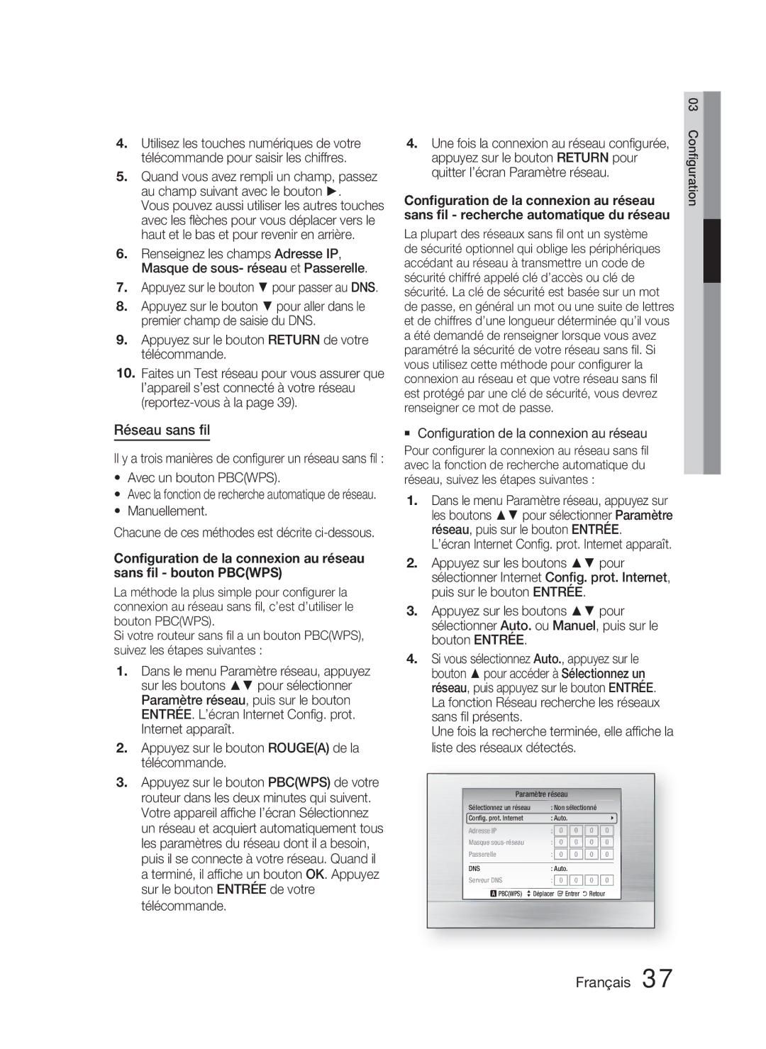 Samsung HT-C6800/XEN, HT-C6800/EDC, HT-C6800/XEF manual Réseau sans ﬁl, Avec un bouton Pbcwps, Manuellement 