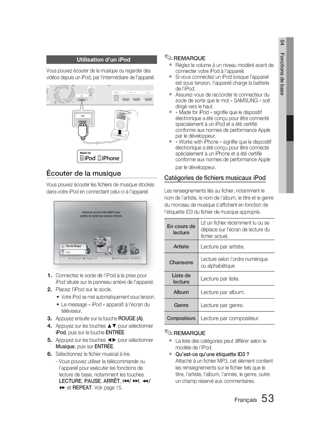 Samsung HT-C6800/XEF, HT-C6800/EDC manual Écouter de la musique, Catégories de ﬁchiers musicaux iPod, Utilisation d’un iPod 