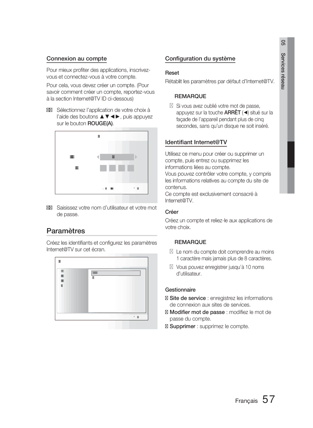 Samsung HT-C6800/EDC, HT-C6800/XEN manual Paramètres, Connexion au compte, Conﬁguration du système, Identiﬁant Internet@TV 