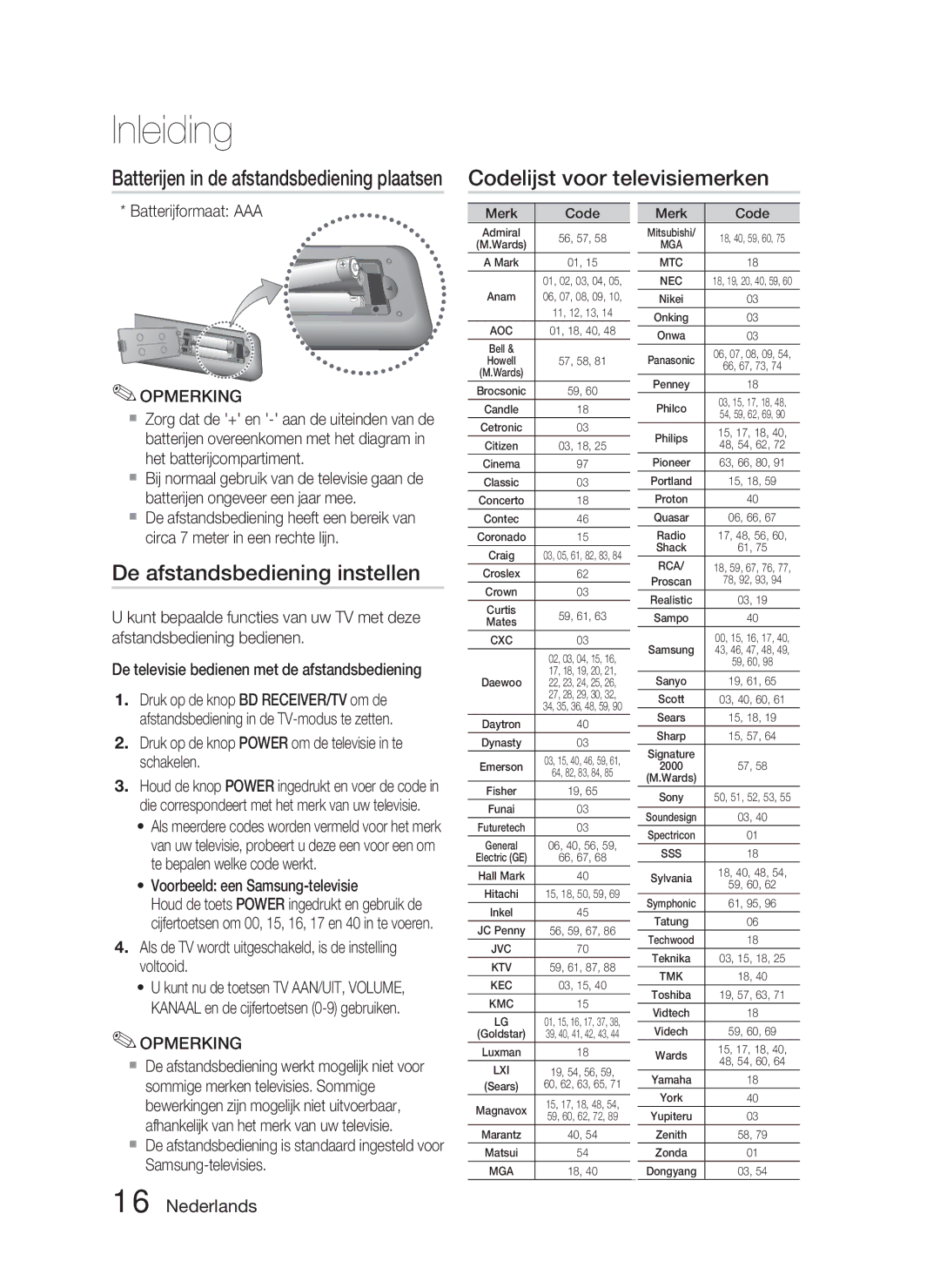 Samsung HT-C6800/XEN, HT-C6800/EDC, HT-C6800/XEF manual Codelijst voor televisiemerken, De afstandsbediening instellen 