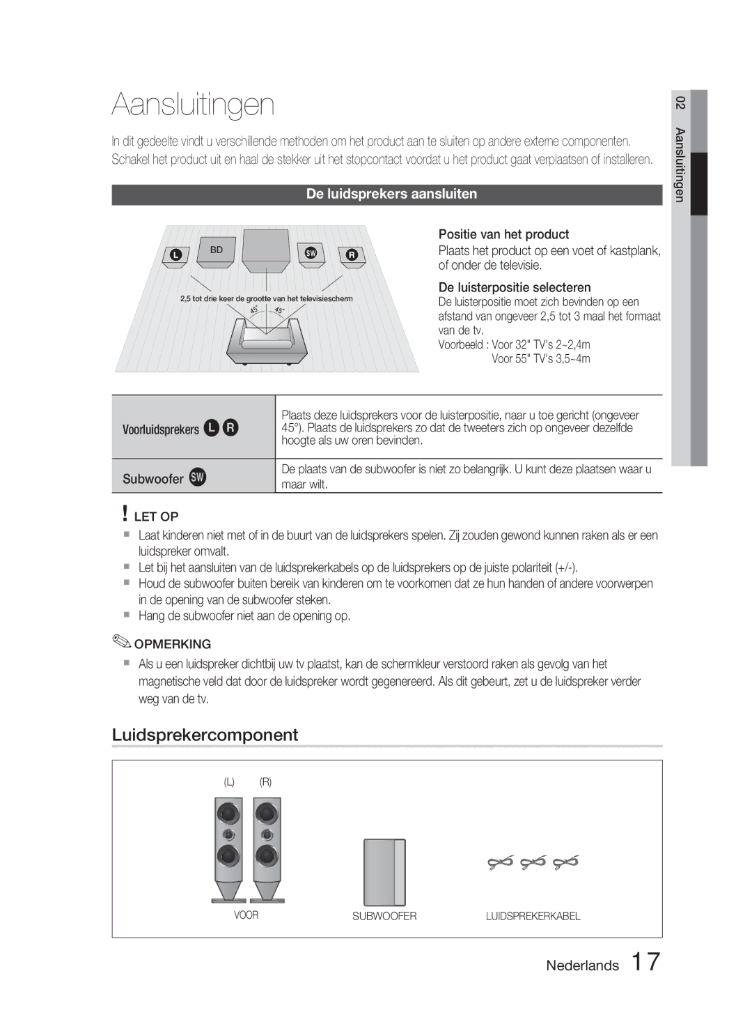 Samsung HT-C6800/XEF Aansluitingen, Luidsprekercomponent, De luidsprekers aansluiten, Voorluidsprekers ei Subwoofer g 