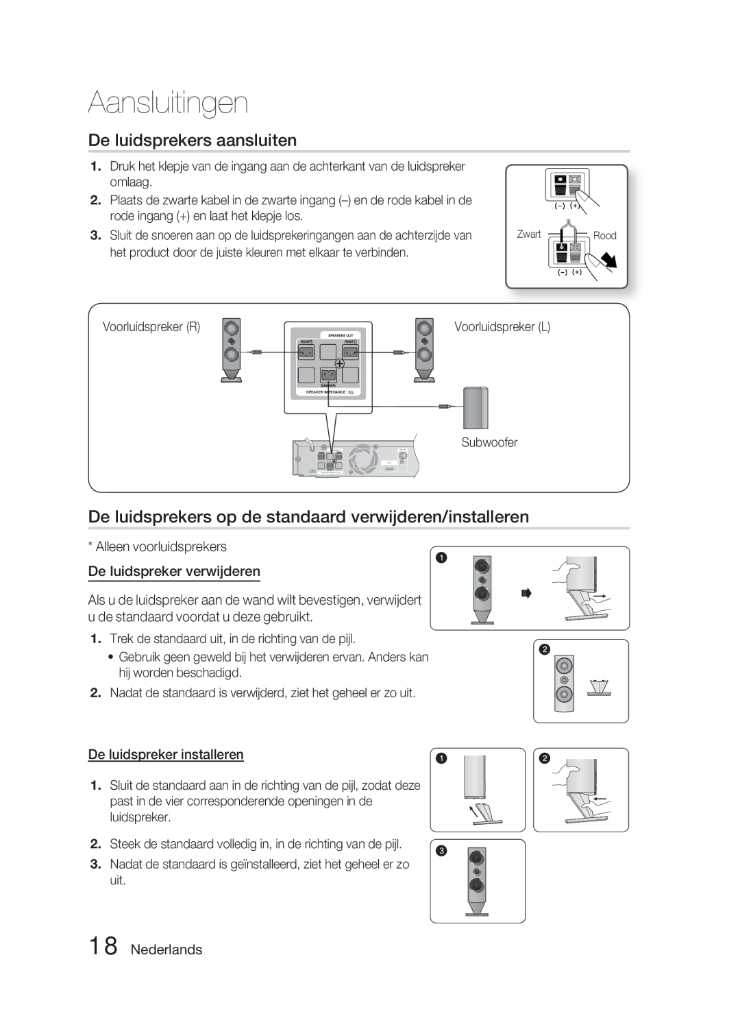 Samsung HT-C6800/EDC, HT-C6800/XEN De luidsprekers aansluiten, De luidsprekers op de standaard verwijderen/installeren 