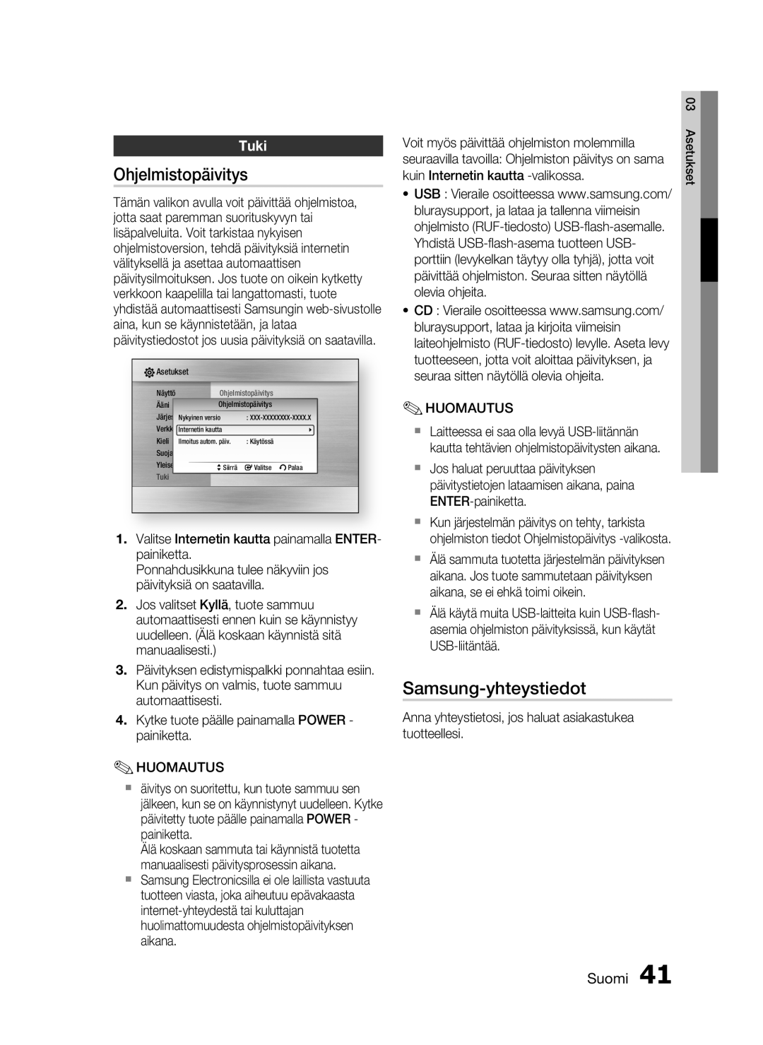 Samsung HT-C6800/XEE manual Ohjelmistopäivitys, Samsung-yhteystiedot, Tuki 