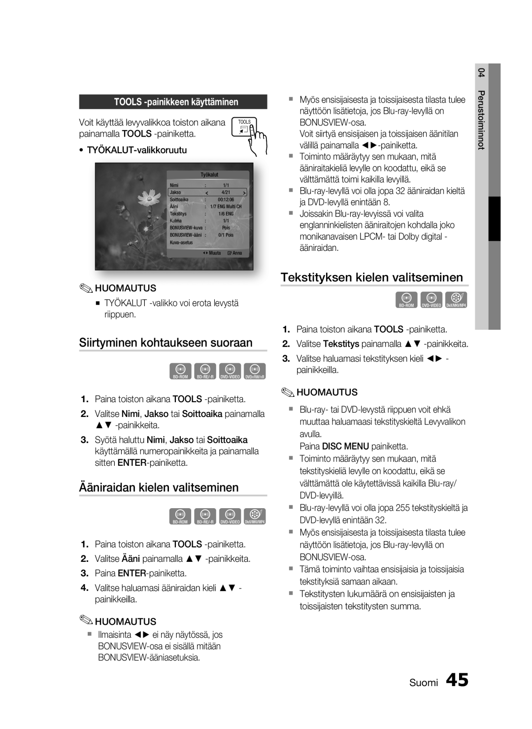 Samsung HT-C6800/XEE Siirtyminen kohtaukseen suoraan, Ääniraidan kielen valitseminen, Tekstityksen kielen valitseminen 