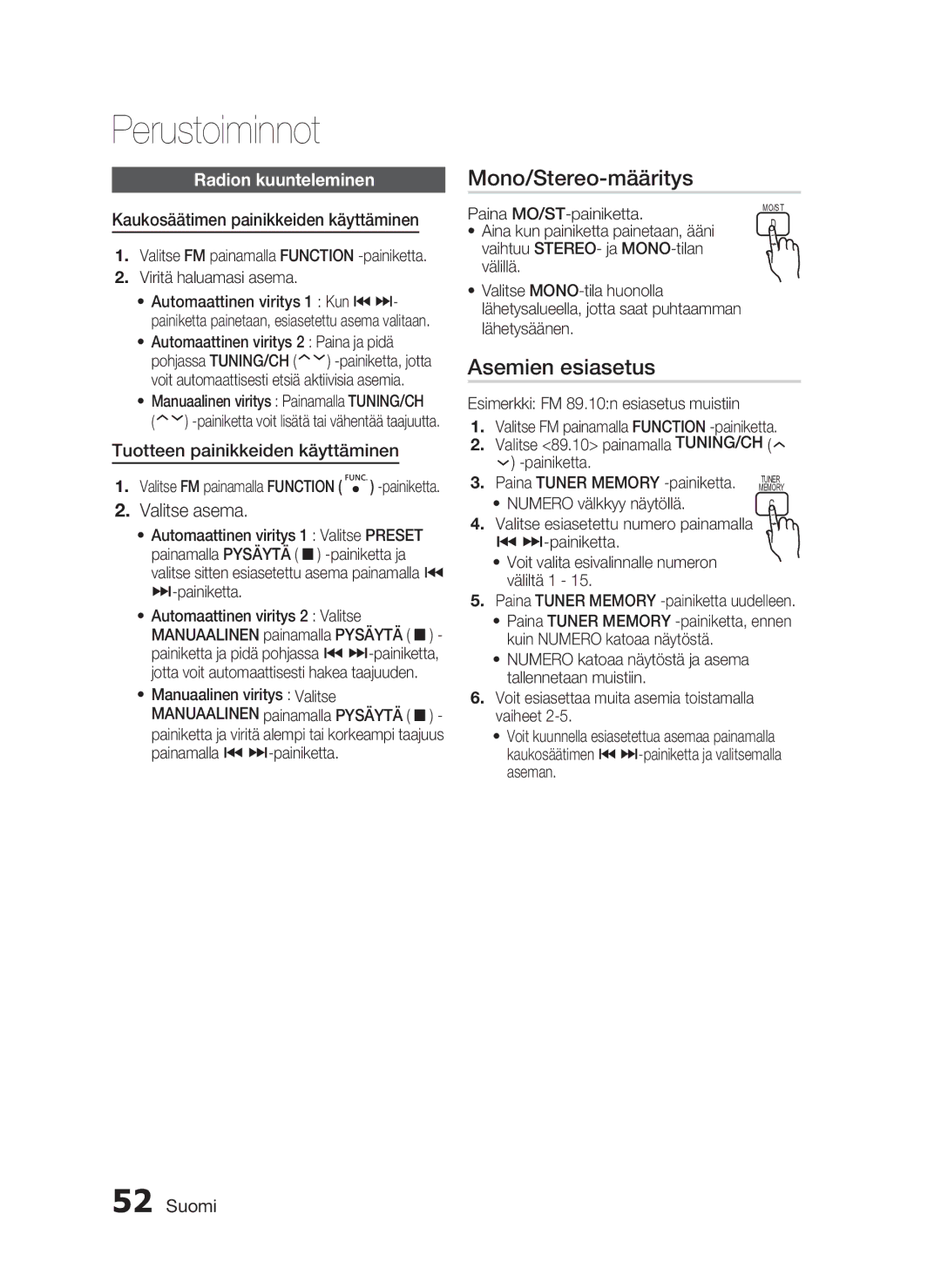 Samsung HT-C6800/XEE manual Mono/Stereo-määritys, Asemien esiasetus, Valitse asema, Radion kuunteleminen 