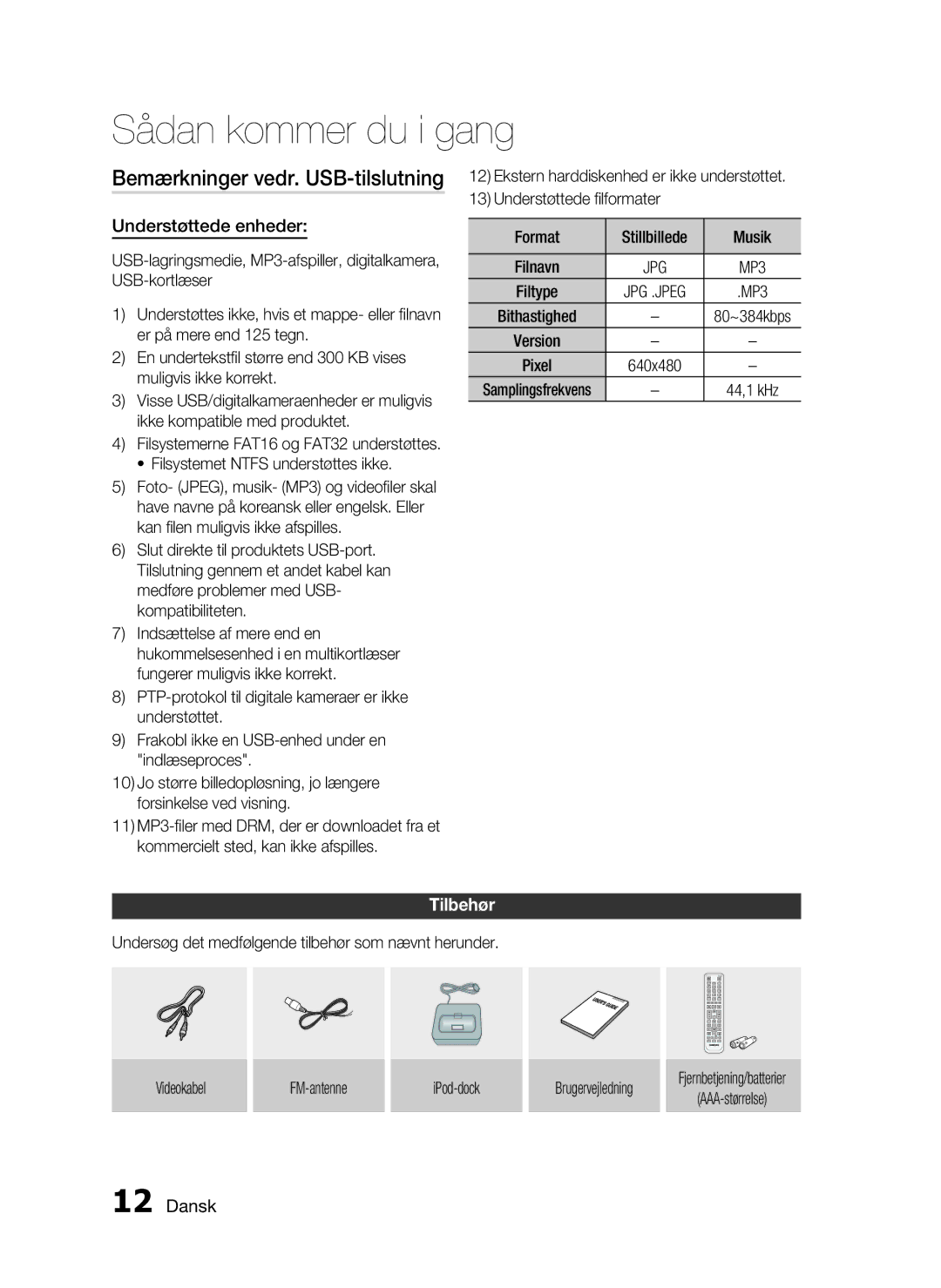 Samsung HT-C6800/XEE manual Bemærkninger vedr. USB-tilslutning, Understøttede enheder, Tilbehør 