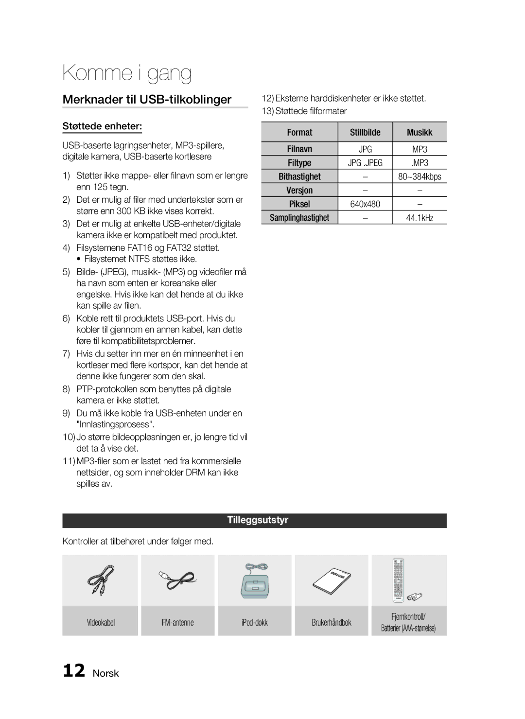 Samsung HT-C6800/XEE manual Merknader til USB-tilkoblinger, Støttede enheter, Tilleggsutstyr 