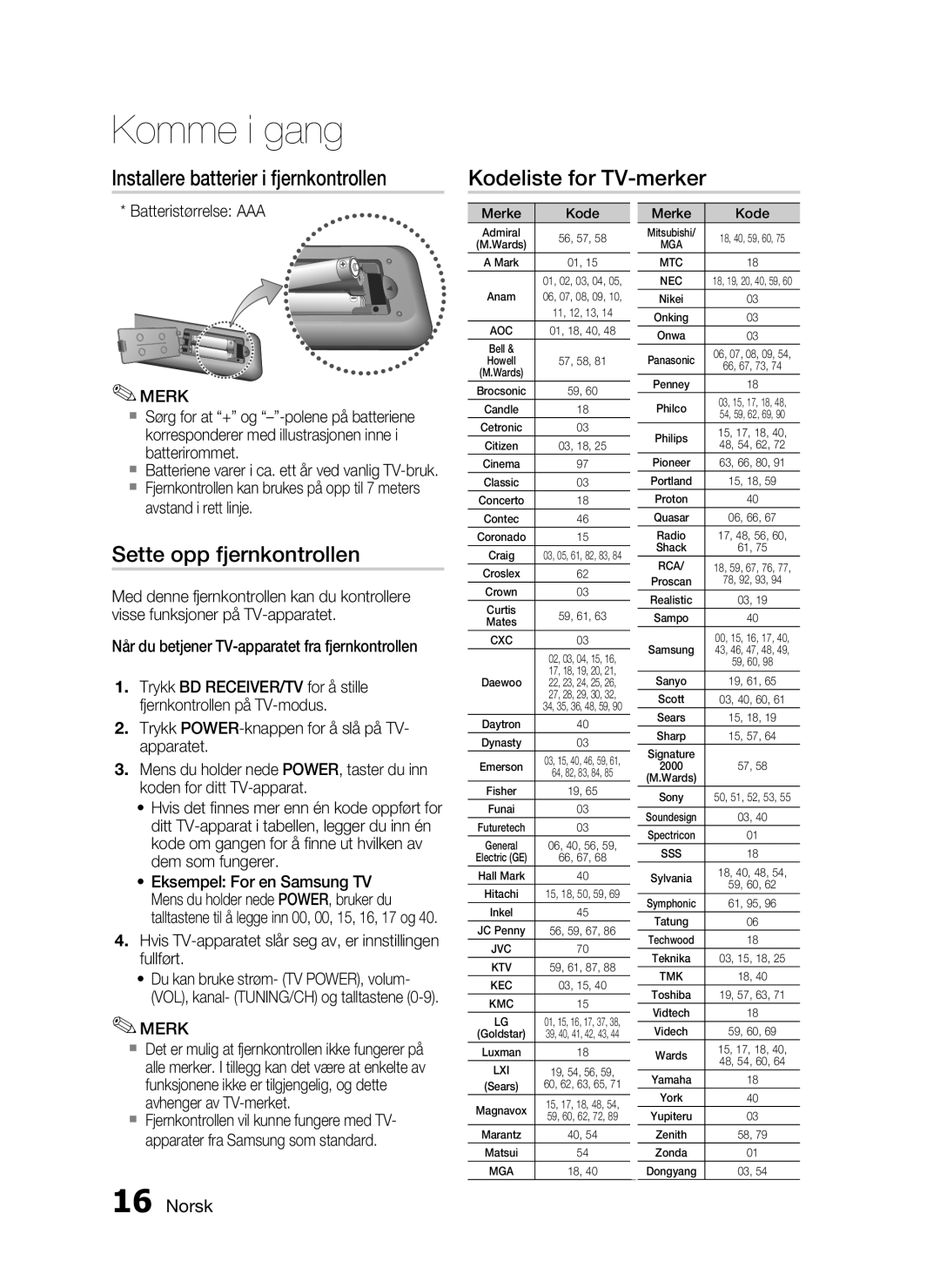 Samsung HT-C6800/XEE manual Sette opp fjernkontrollen, Når du betjener TV-apparatet fra fjernkontrollen, Merke Kode 