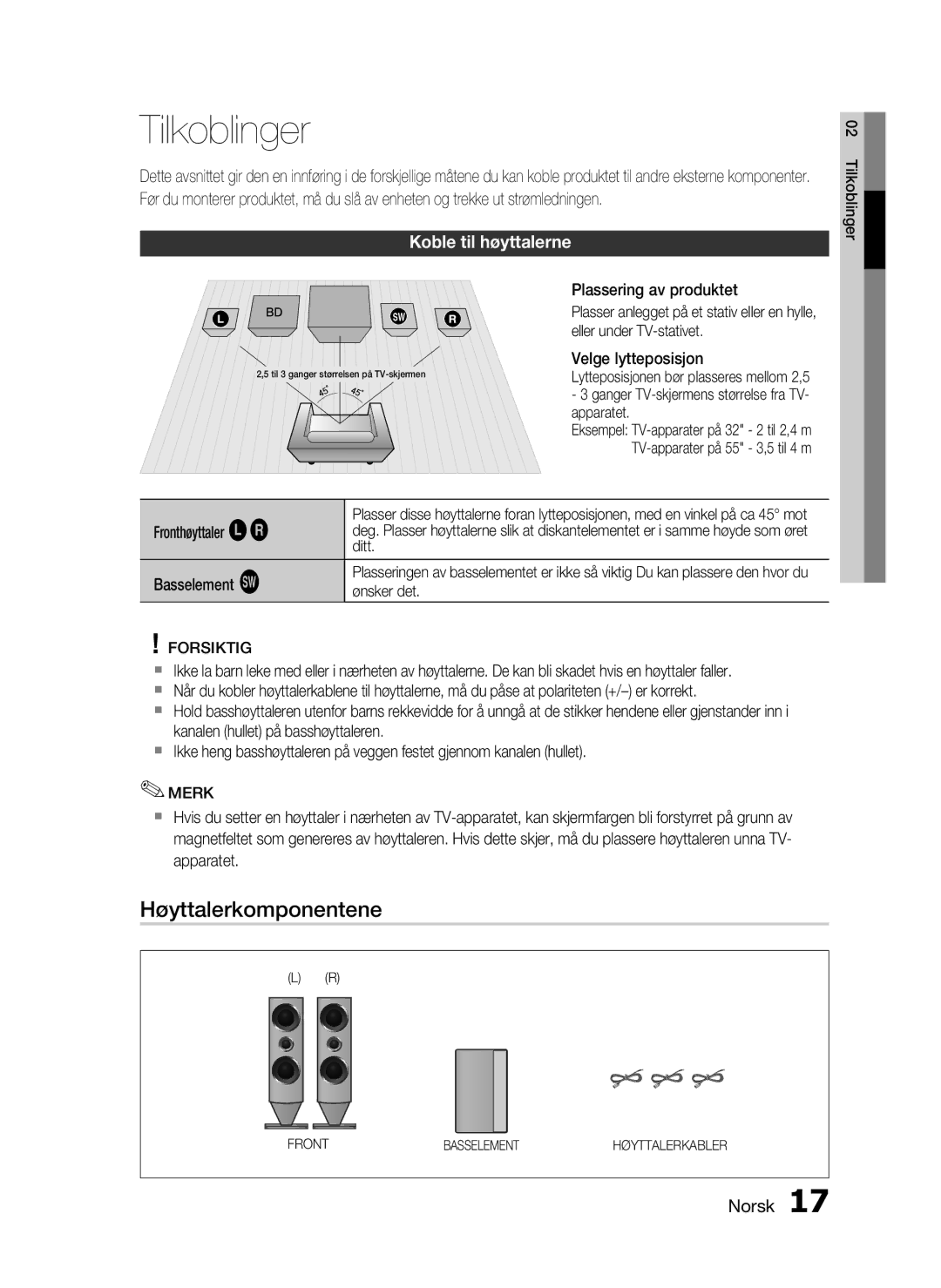 Samsung HT-C6800/XEE manual Tilkoblinger, Høyttalerkomponentene, Koble til høyttalerne, Fronthøyttaler ei Basselement g 