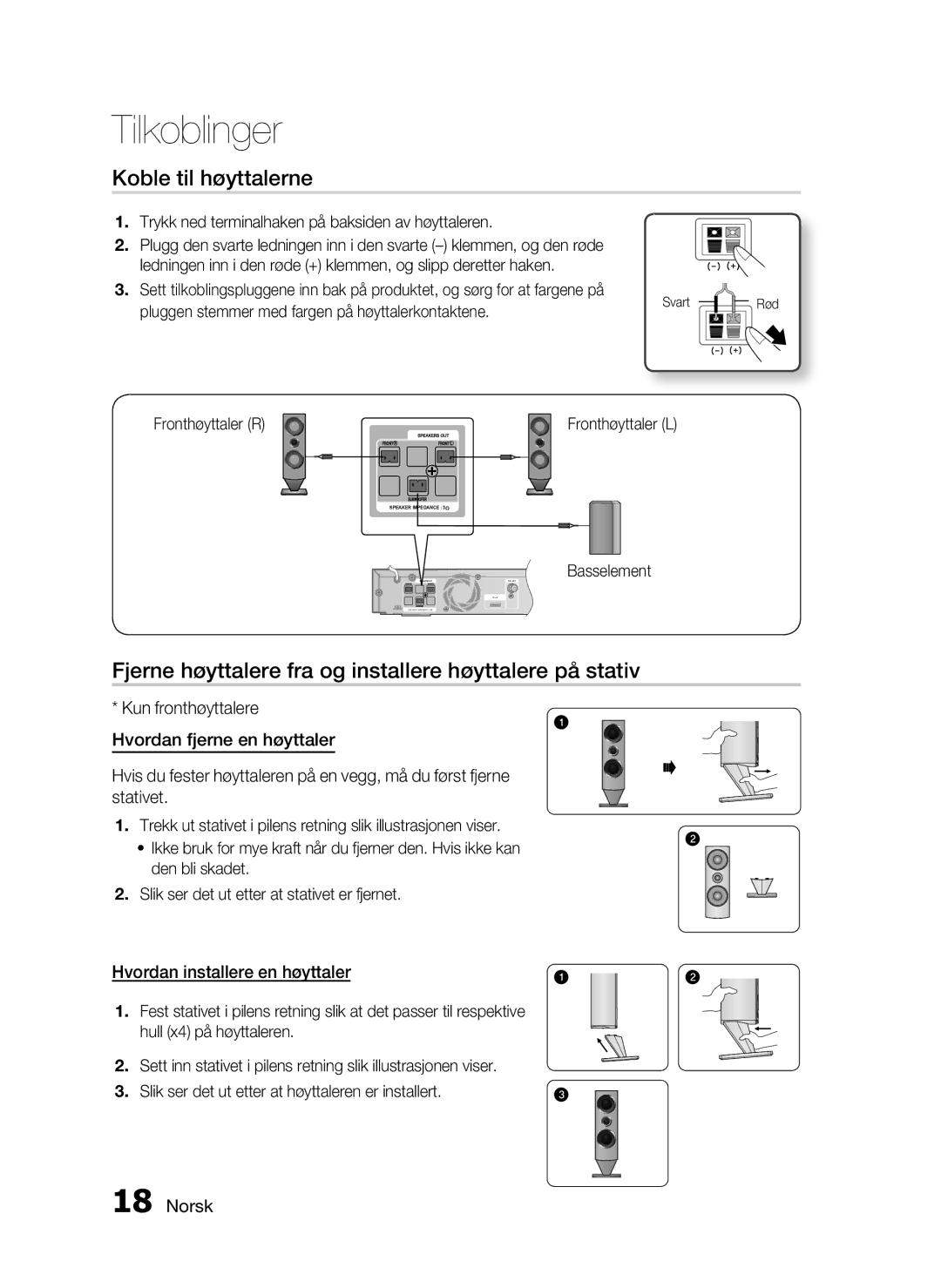 Samsung HT-C6800/XEE manual Koble til høyttalerne, Fjerne høyttalere fra og installere høyttalere på stativ 