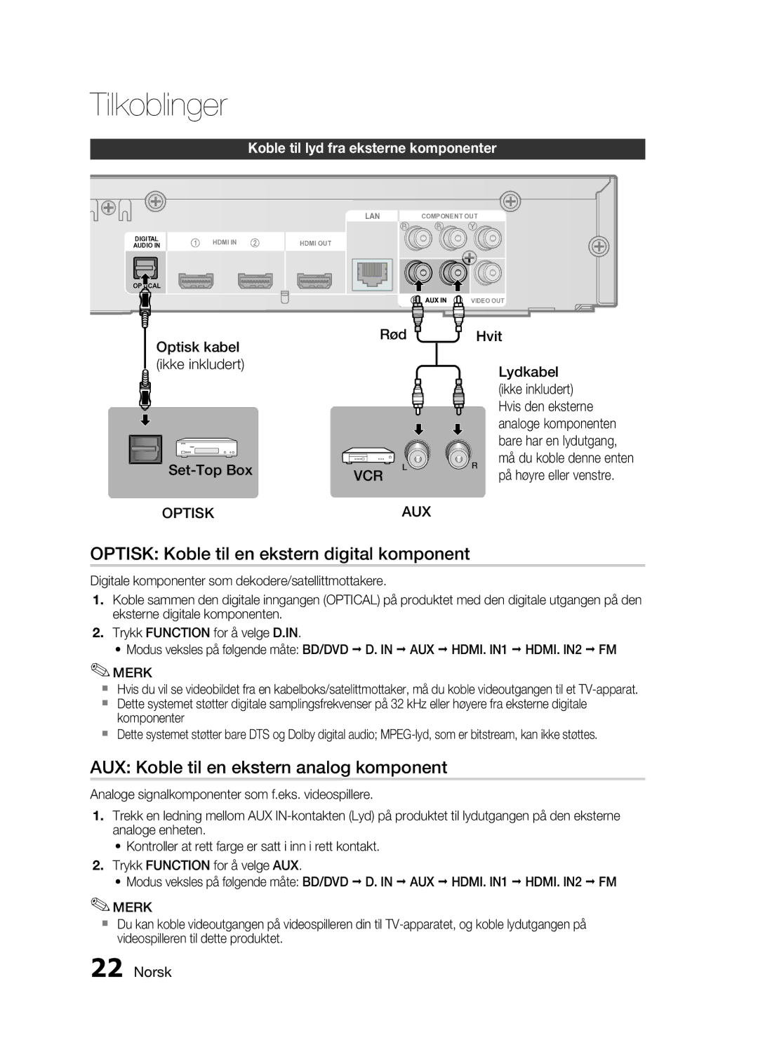 Samsung HT-C6800/XEE manual Optisk Koble til en ekstern digital komponent, AUX Koble til en ekstern analog komponent 