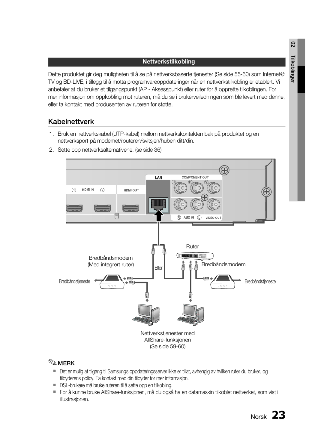 Samsung HT-C6800/XEE manual Kabelnettverk, Nettverkstilkobling 