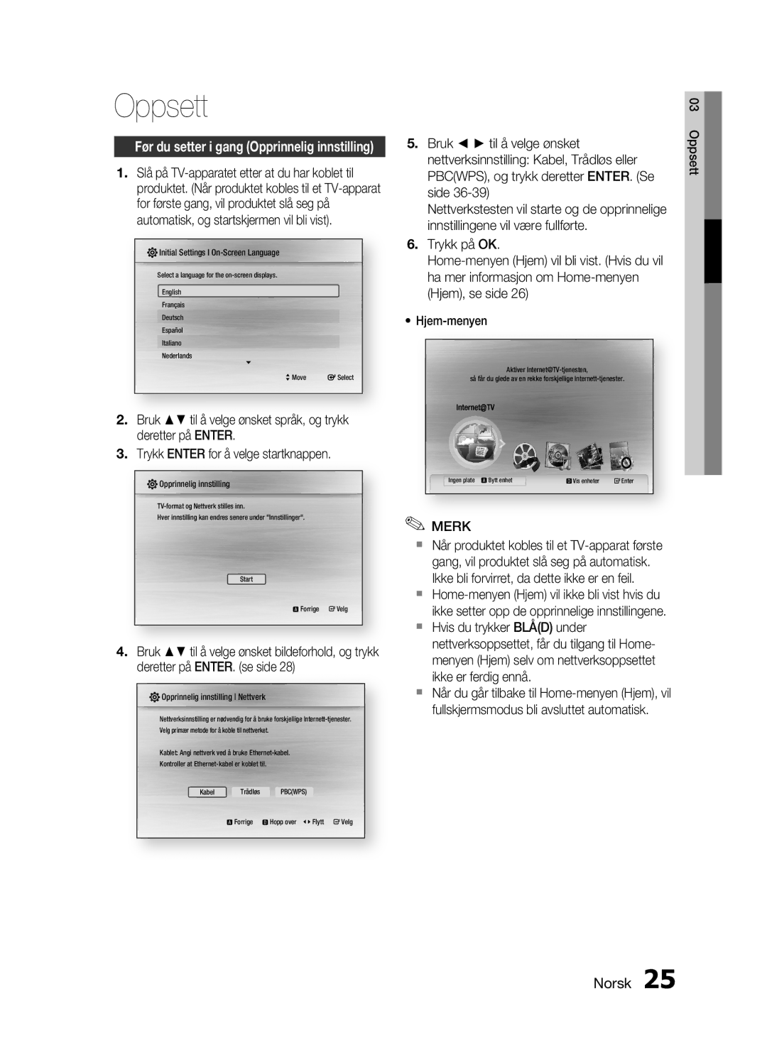 Samsung HT-C6800/XEE manual Oppsett, Bruk til å velge ønsket 