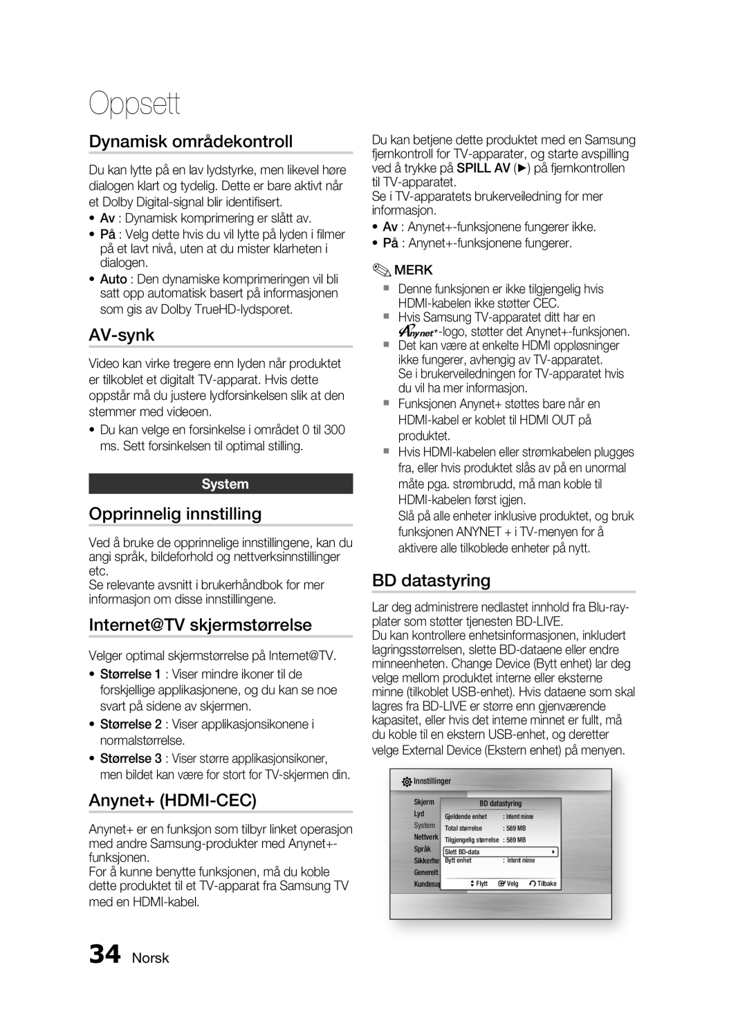 Samsung HT-C6800/XEE manual Dynamisk områdekontroll, Opprinnelig innstilling, Internet@TV skjermstørrelse, BD datastyring 