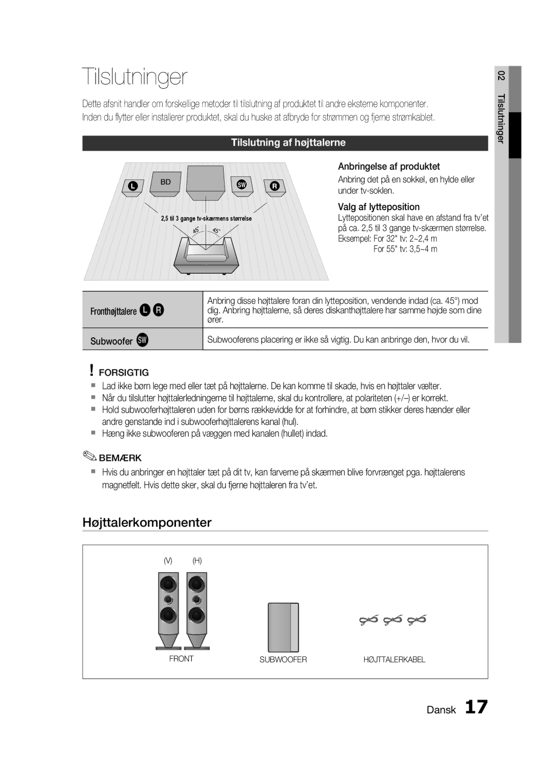 Samsung HT-C6800/XEE manual Tilslutninger, Højttalerkomponenter, Tilslutning af højttalerne 