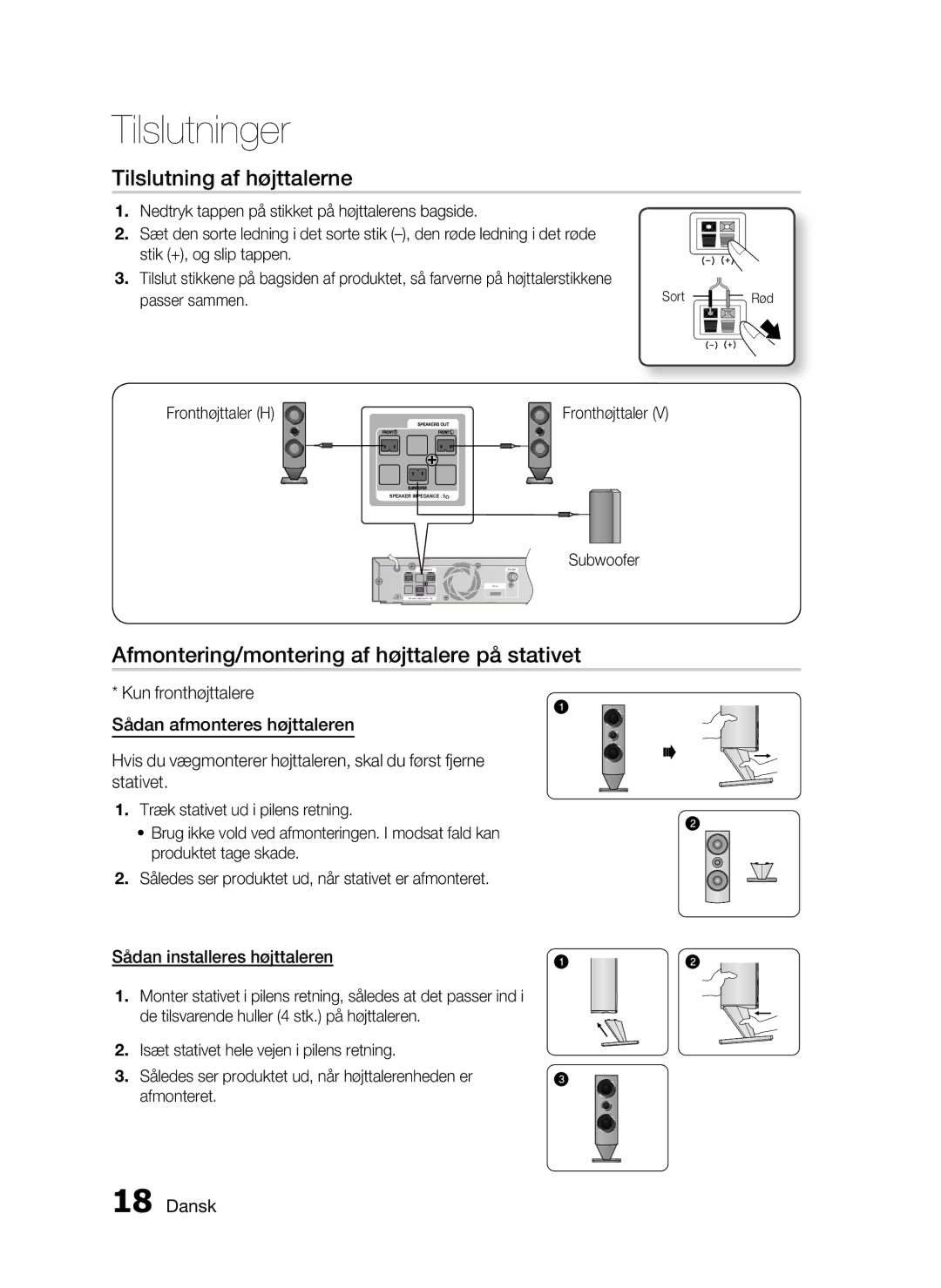 Samsung HT-C6800/XEE manual Tilslutning af højttalerne, Afmontering/montering af højttalere på stativet, Fronthøjttaler H 