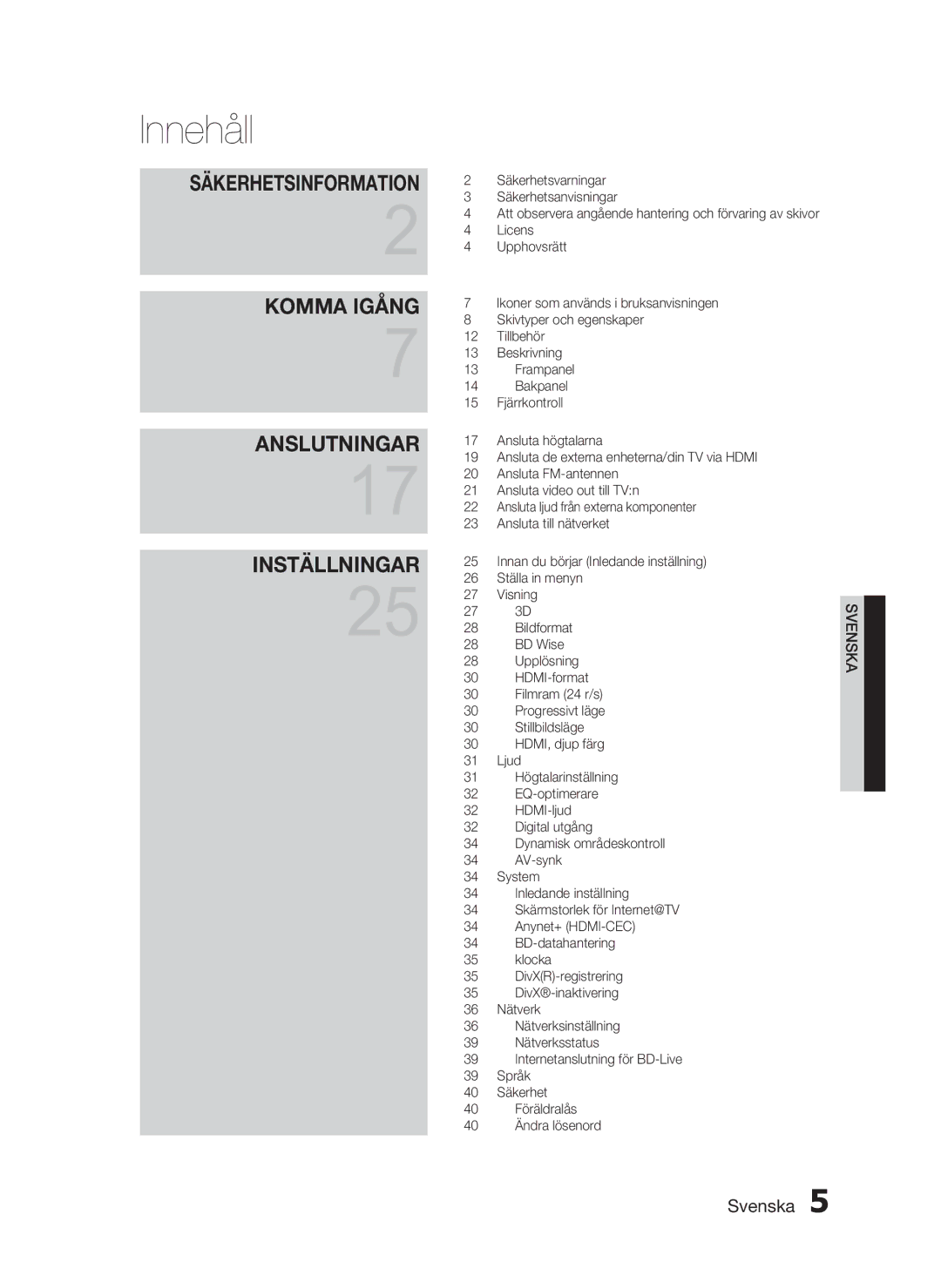 Samsung HT-C6800/XEE manual Innehåll 