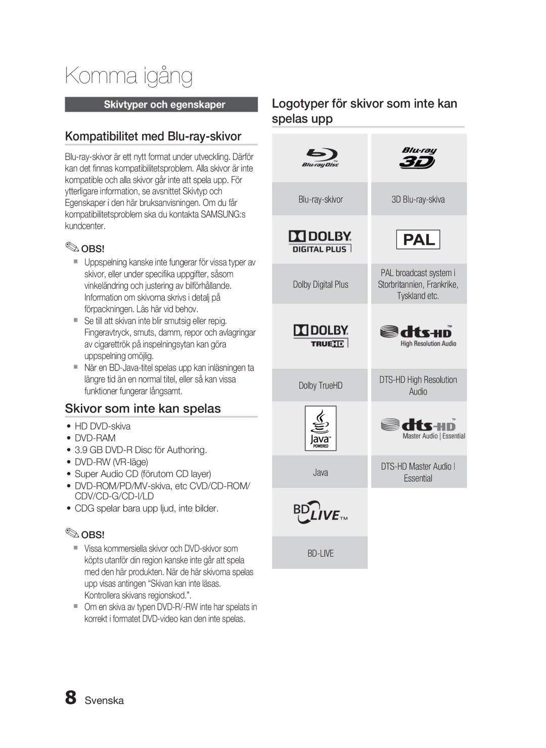 Samsung HT-C6800/XEE manual Kompatibilitet med Blu-ray-skivor, Skivor som inte kan spelas, Skivtyper och egenskaper 