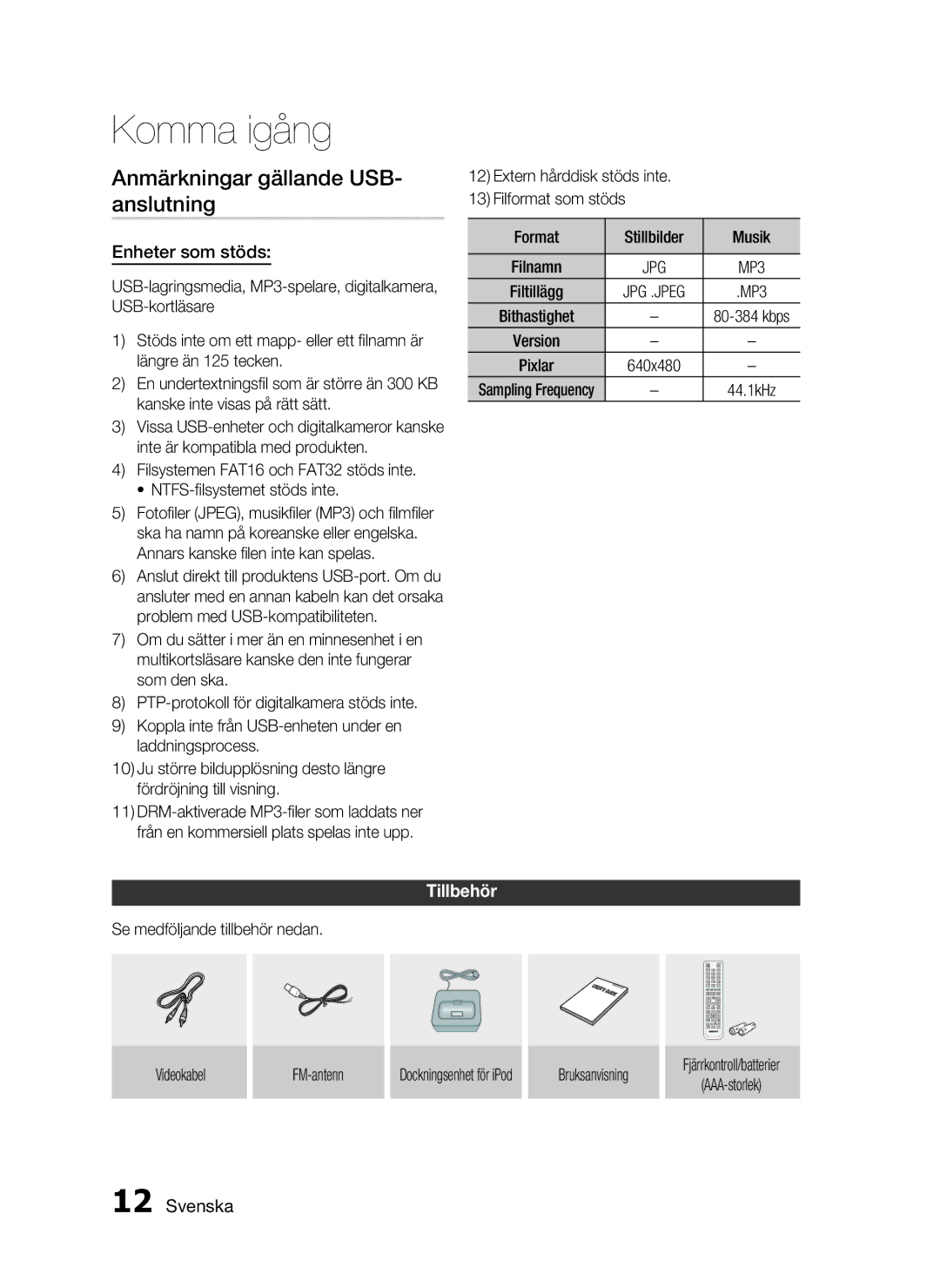 Samsung HT-C6800/XEE manual Anmärkningar gällande USB- anslutning, Enheter som stöds, Tillbehör 