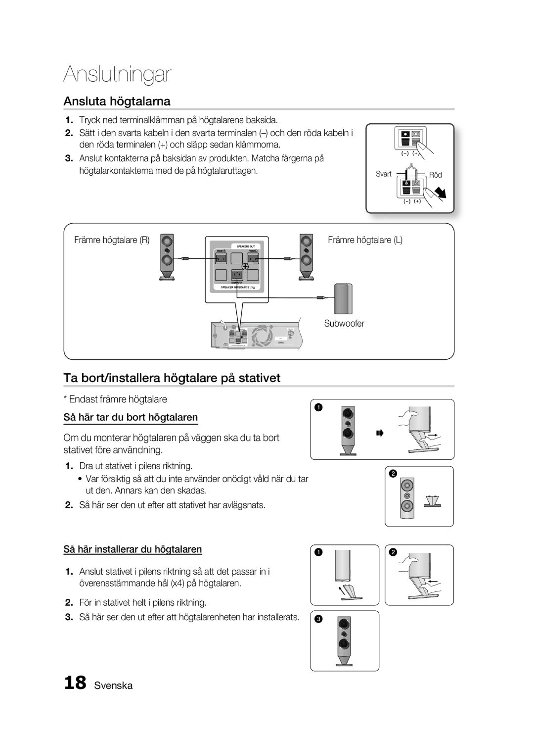 Samsung HT-C6800/XEE manual Ansluta högtalarna, Ta bort/installera högtalare på stativet, Så här installerar du högtalaren 