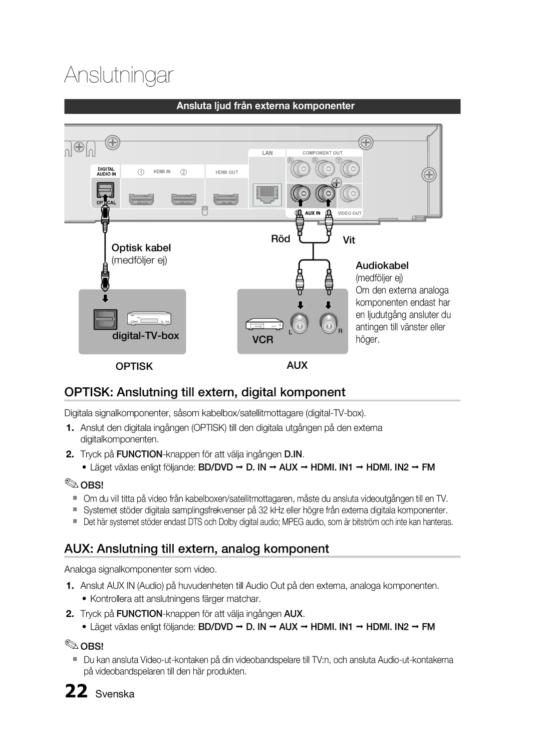 Samsung HT-C6800/XEE manual Optisk Anslutning till extern, digital komponent, AUX Anslutning till extern, analog komponent 